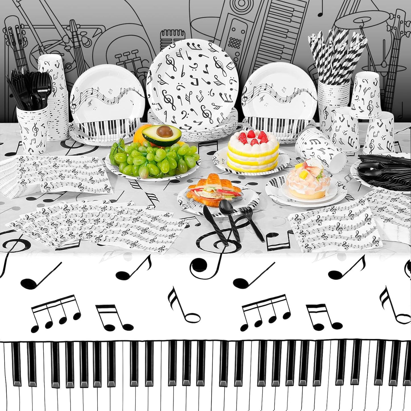452 Pcs Music Themed Party Decorations for 50 Guests, Musical Notes Paper Plates Napkins Cups Tablecloth Cutlery Straws for Music Karaoke Birthday Wedding Baby Shower Party Supplies