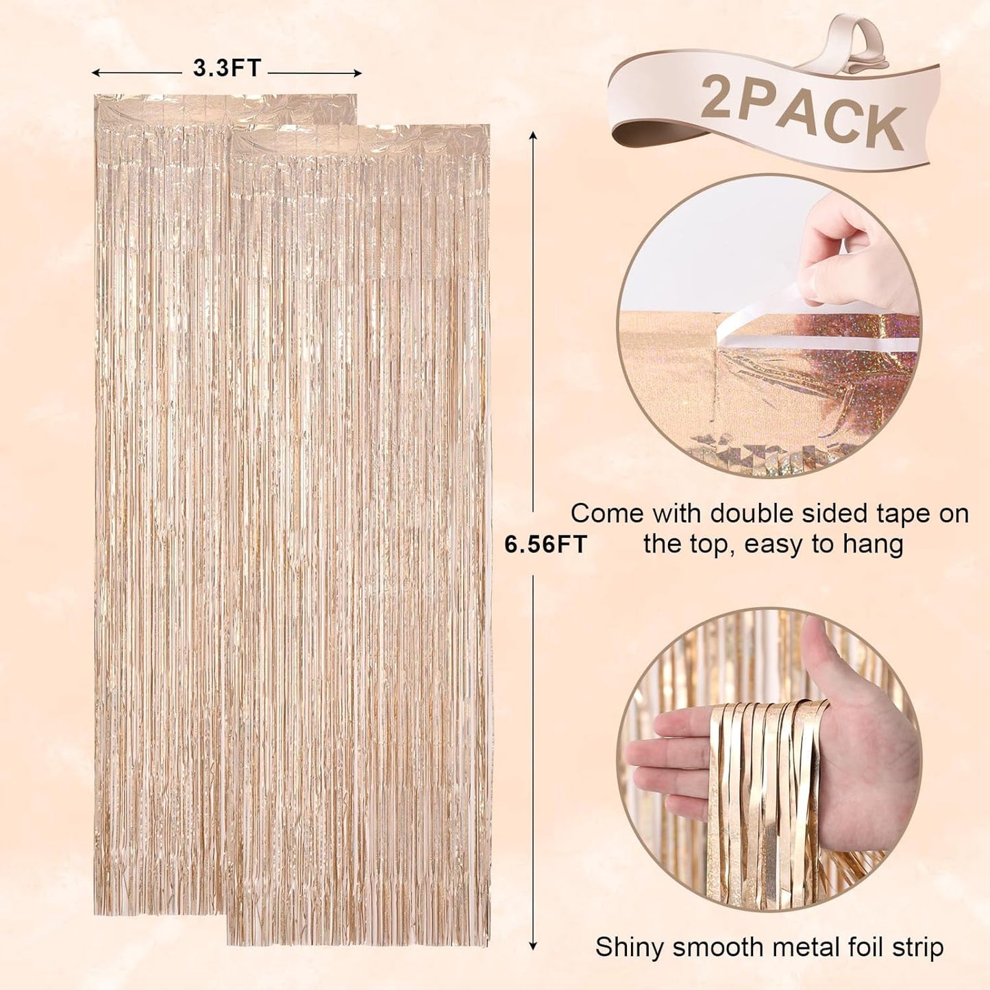 2 Pack Champagne Gold Tinsel Foil Fringe Curtains, Champagne Party Decorations, Metallic Tinsel Party Streamers Backdrop for Birthday Baby Shower Graduation Wedding Party Decorations