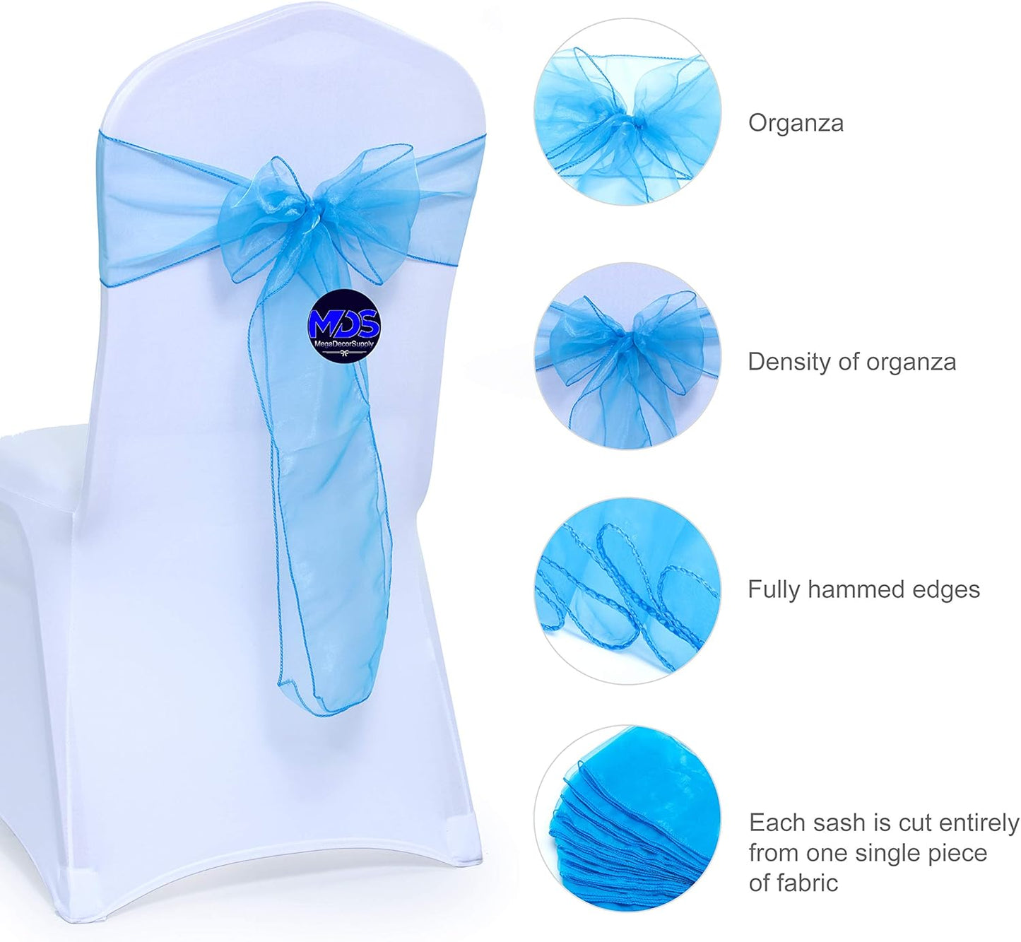MDS Pack of 75 PCS Organza Chair Sashes Wider Dining Chair Bows Ribbon Tie Back for Wedding Party Birthday Bridal Shower Reception Event Banquet Home Chair Cover Decoration - Blue