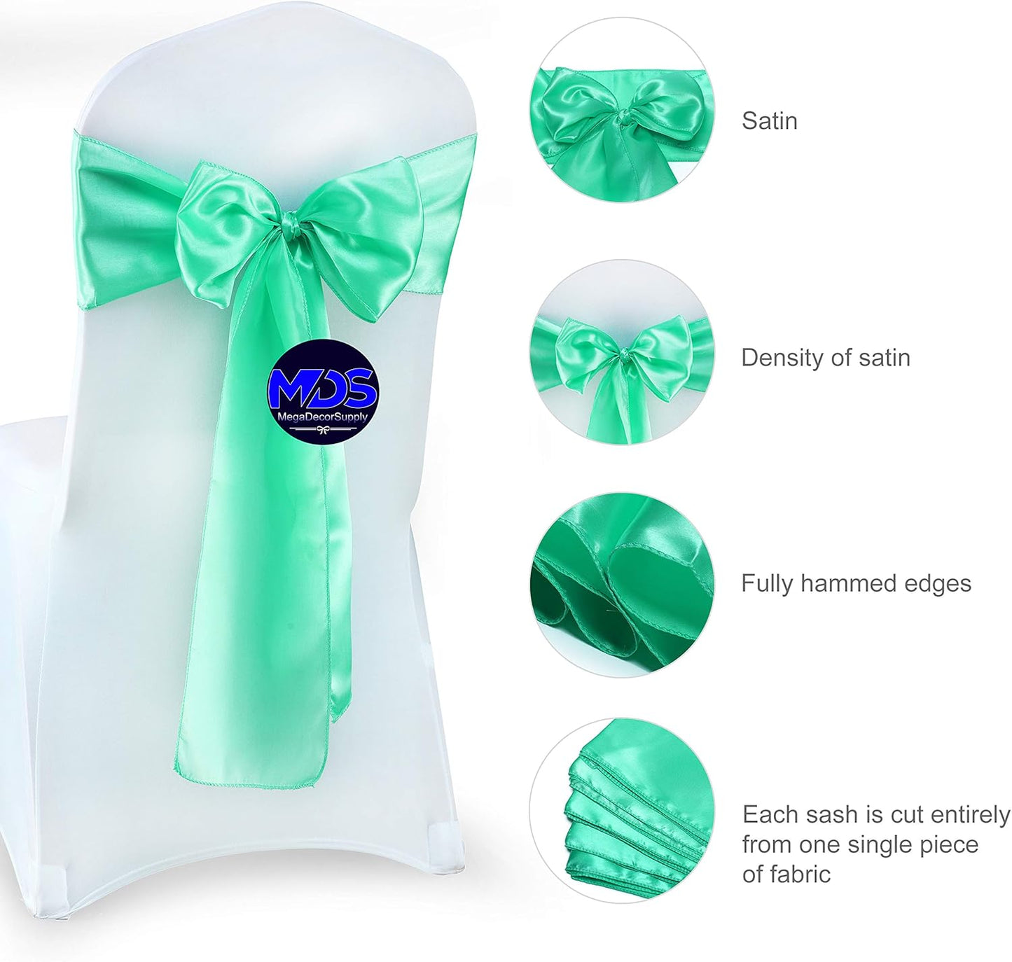 MDS Pack of 10 PCS Satin Chair Sashes Charmeuse Sateen Dining Chair Bows Ribbon Ties Back Sash for Wedding Party Birthday Home Hotel Restaurant Banquet Decoration (7 x 108 Inch, Mint)
