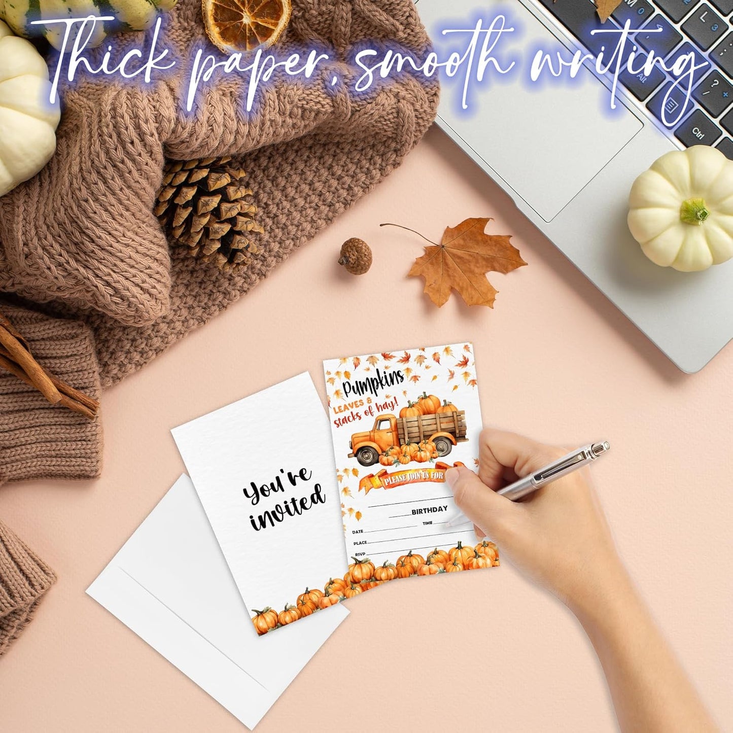 Leaves & Stacks Of Hay Birthday Party Invitation - Set Of 20 Fall Pumpkin Invite Cards With Envelopes - Autumn Birthday Invitation Cards For Boys Girls - Thanksgiving Birthday Party Supplies Decor-A06
