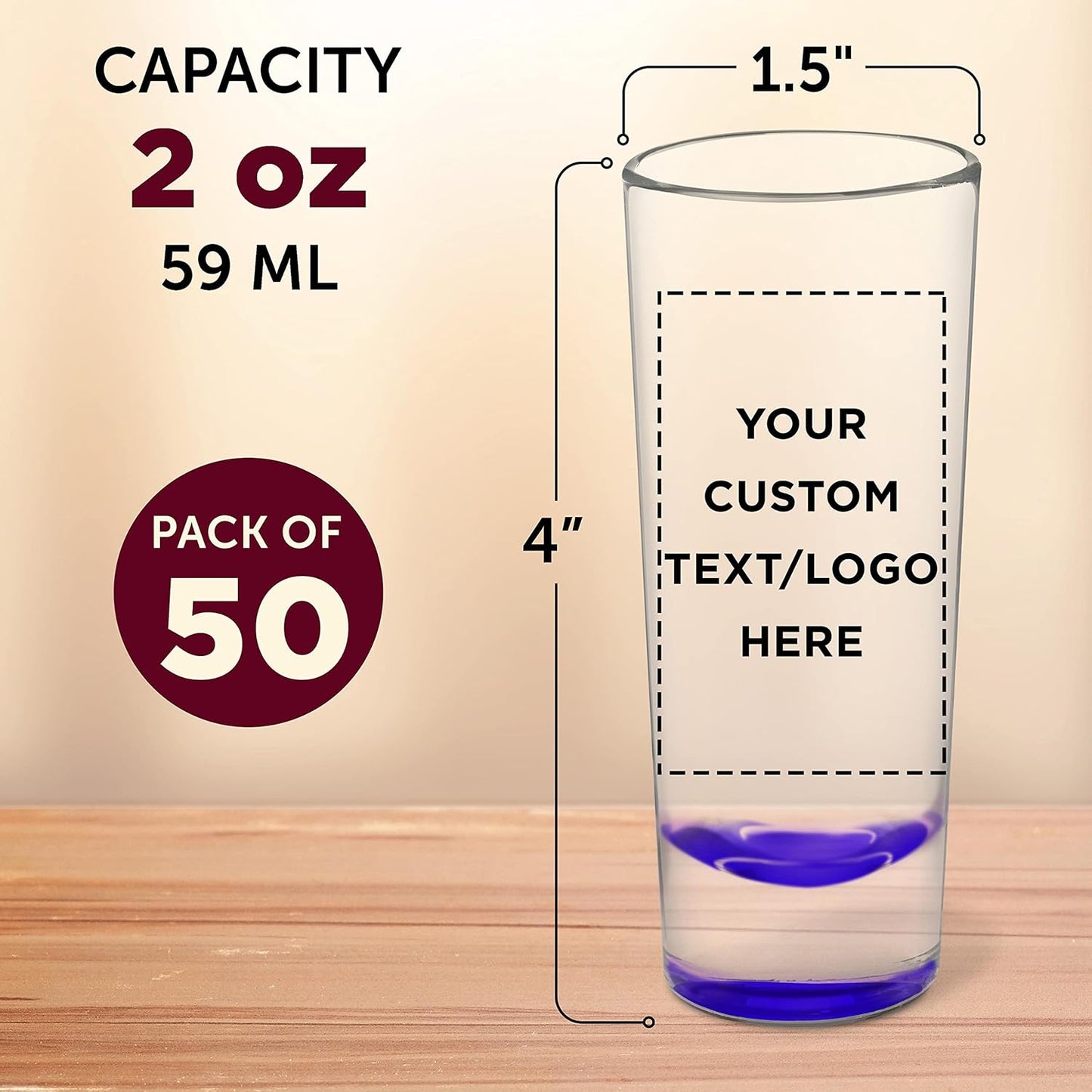 Custom Cordial Shooter Shot Glasses 2 oz. Set of 50, Personalized Bulk Pack - Great for Birthdays, Parties, Indoor & Outdoor Events - Purple