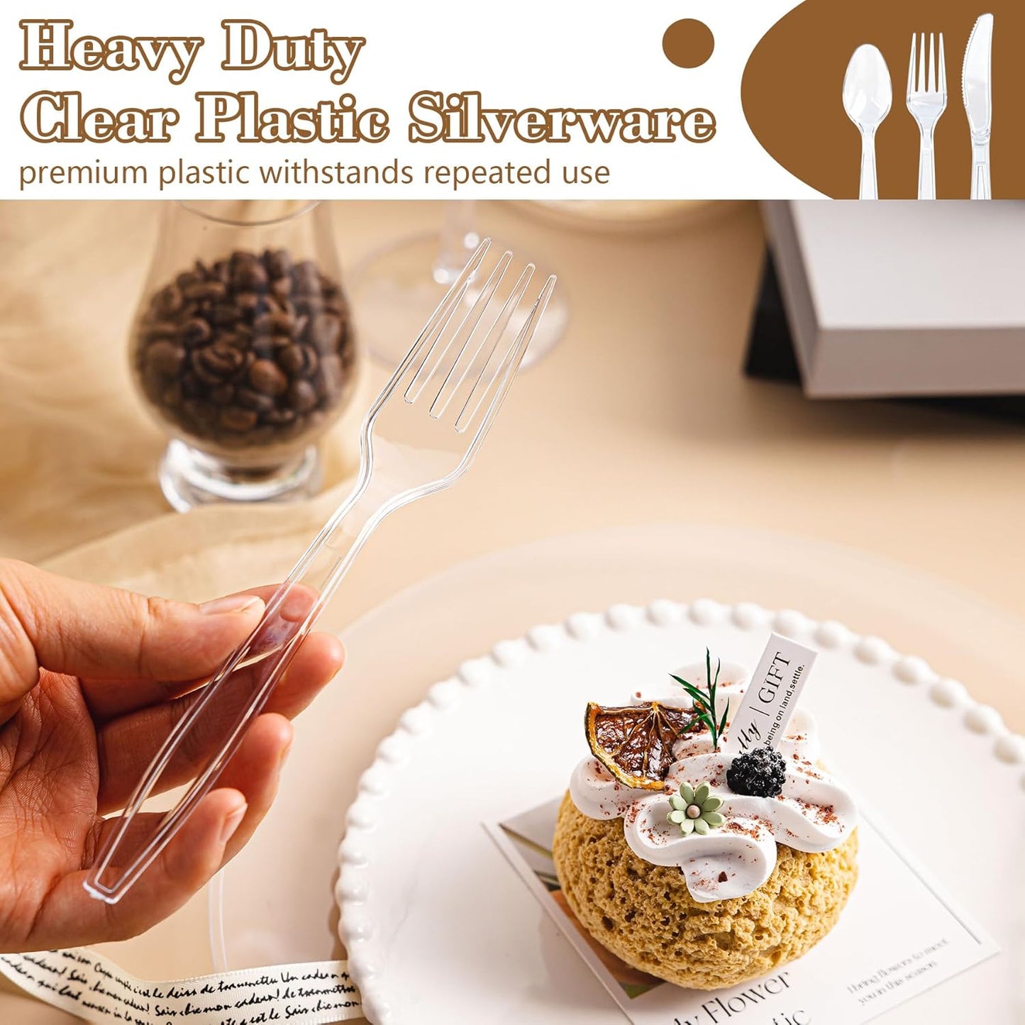 400 Count Heavy Duty Clear Plastic Silverware, 160 Forks, 160 Spoons, 80 Knives, BPA-Free and Heat Resistant, Disposable Cutlery set, Premium Clear Utencils for Party and Daily Use