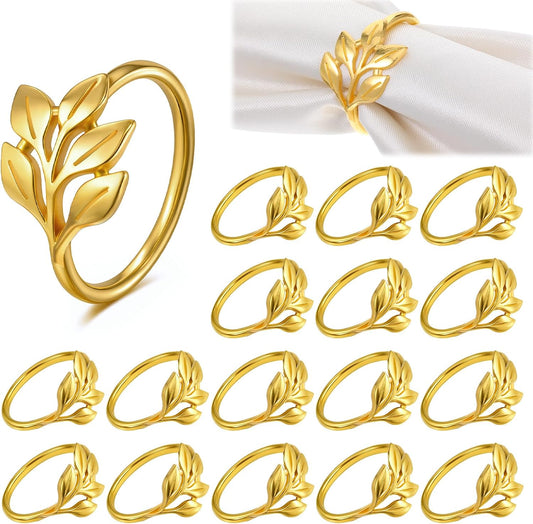 Leaf Napkin Rings Set of 50 Metal Gold Napkin Holder Stylish Fall Napkins Ring Bulk Handicraft Flower Napkins Rings for Family Dinner Wedding Birthday Christmas Thanksgiving Elegant Table Setting-Gold