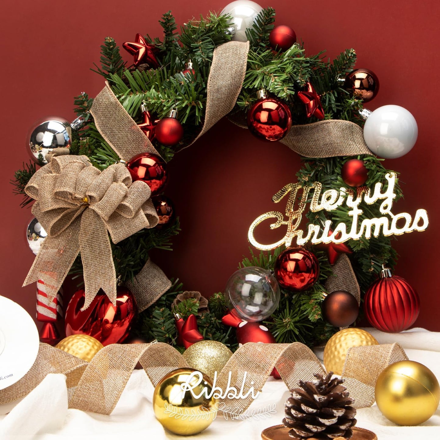 Ribbli Burlap Wired Edge Ribbon,1-1/2 Inch x 10 Yard,Natural,Solid for Big Bow,Wreath,Tree, Outdoor Decoration