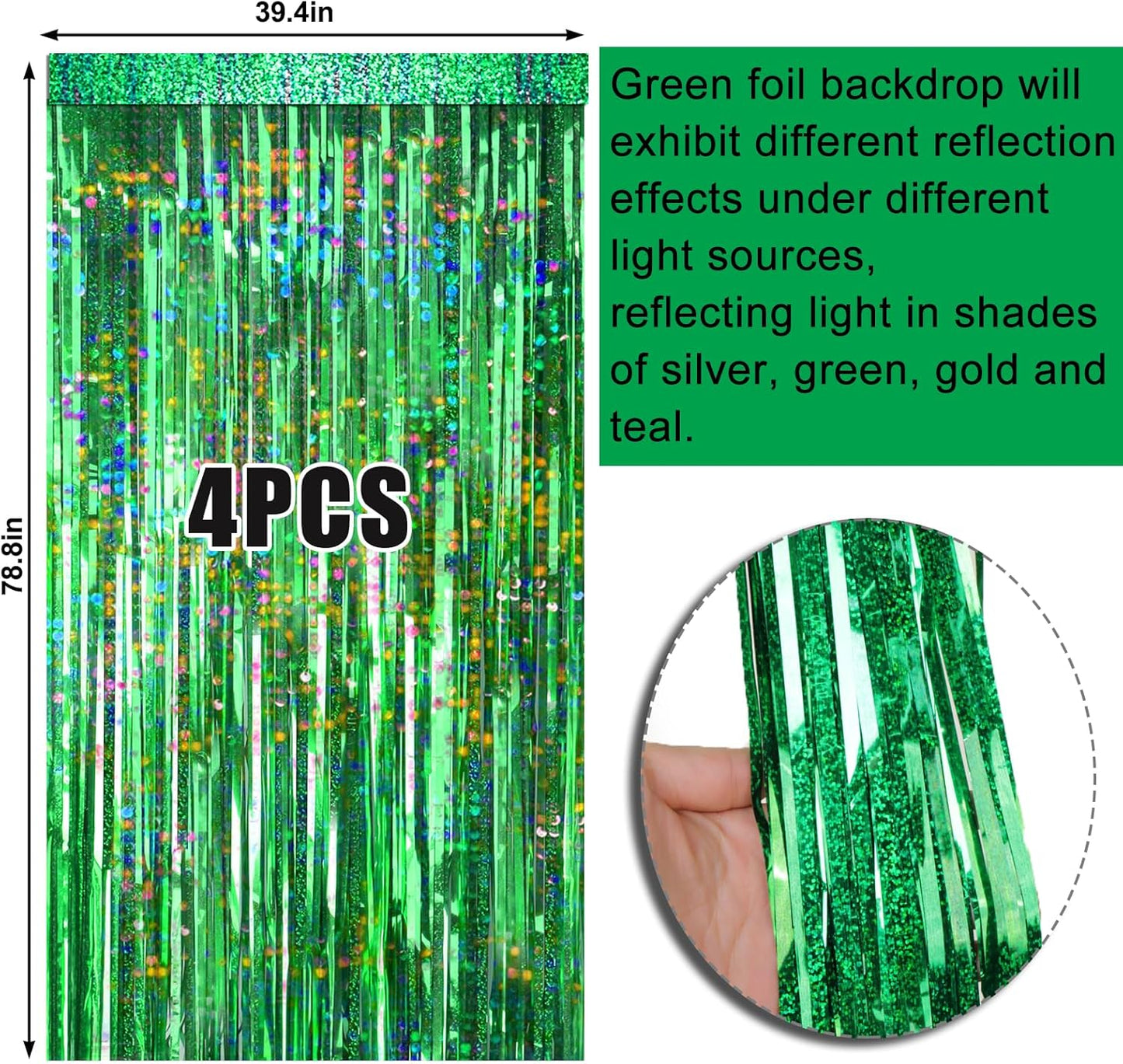 4 Packs Green Foil Fringe Curtain, Green Glitter Metallic Tinsel Backdrop for Birthday, Wedding, Baby Shower, Halloween, Christmas, Hawaiian Luau, Football, Dinosaur Jungle Party Decorations Supplies