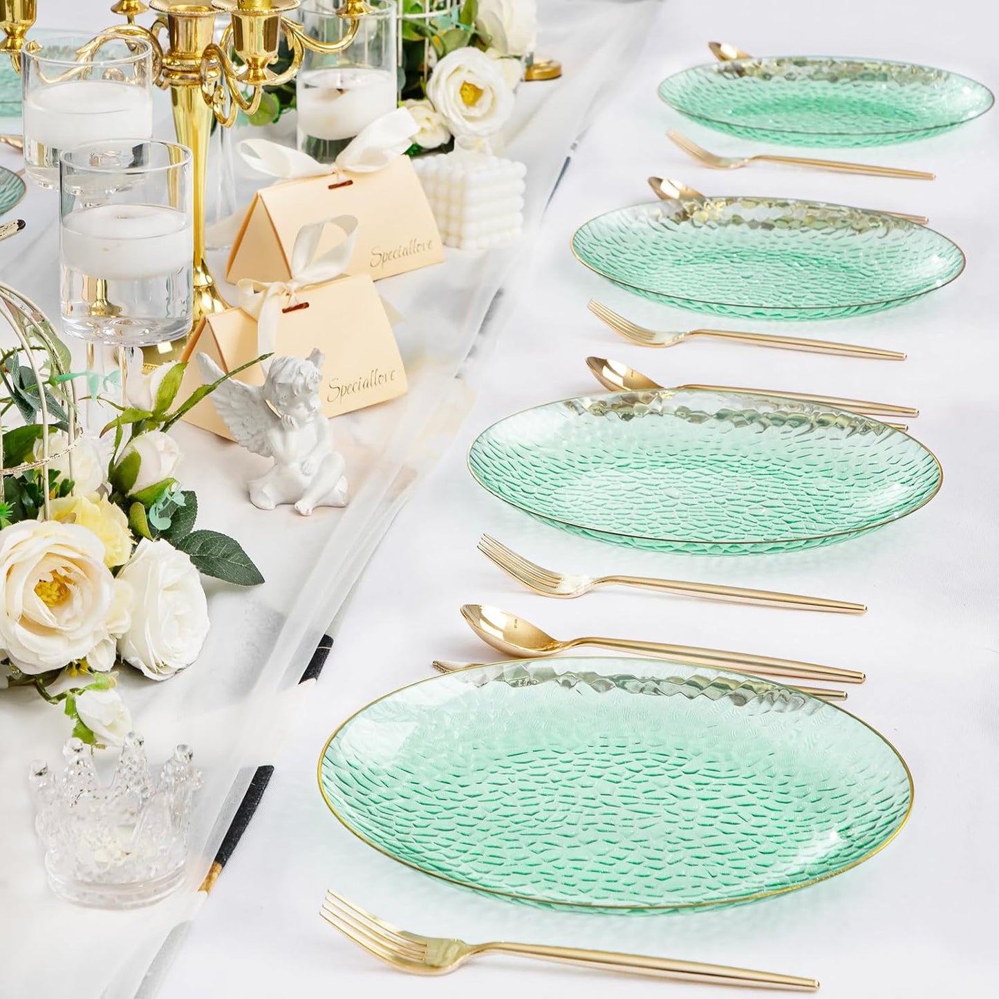 Rubtlamp 60 Pieces Green Gold Plastic Plates - 10 inch Green Plastic Dinner Plates - Hammer Pattern Design - Fancy Disposable Plates Ideal for Wedding & Party