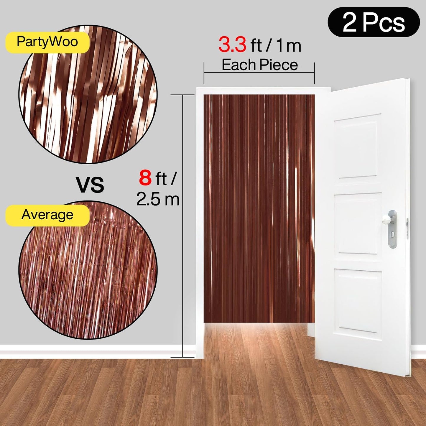 PartyWoo Foil Curtain 2 pcs, 3.3x6.6 ft Metallic Brown Tinsel, Foil Fringe Curtains, Birthday Decorations, Party, Wedding Backdrop