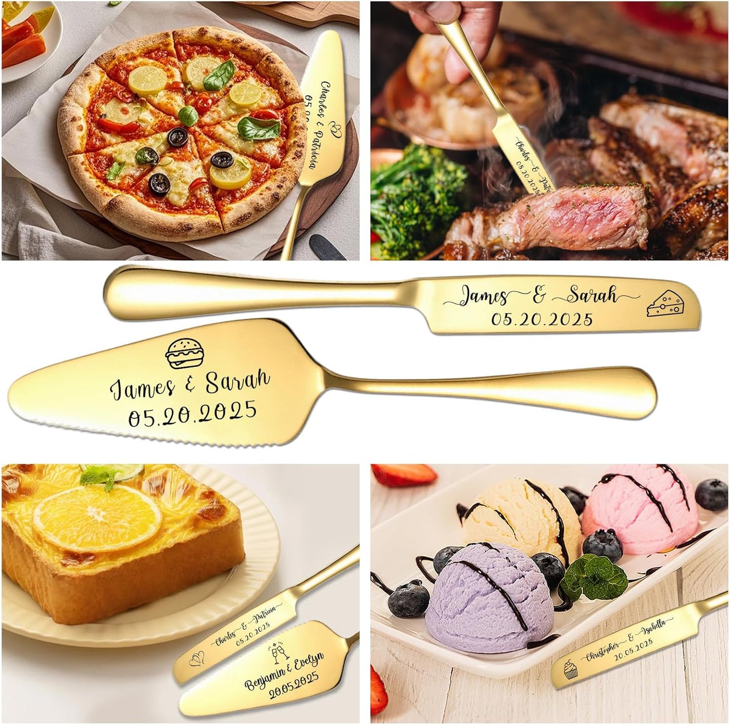 Custom Wedding Cake Knife and Server Set Personalized Cake Cutter with Engraved Text Bridal Cake Cutting Set with Gift Box for Weddings Anniversary Birthday (Gold - Text)