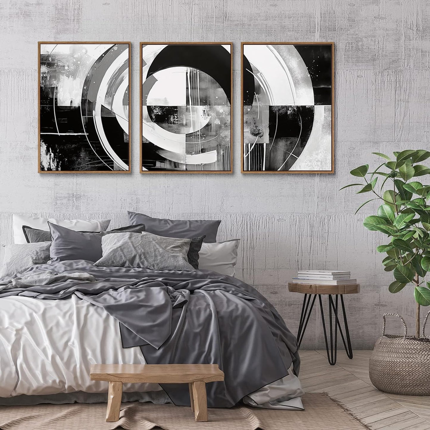 myusuar 3 Piece Large Modern Abstract Canvas Framed Wall Art For Living Room, Black And White Rings Minimalist Wall Art Decor Posters Prints For Bedroom Office, 16x24in