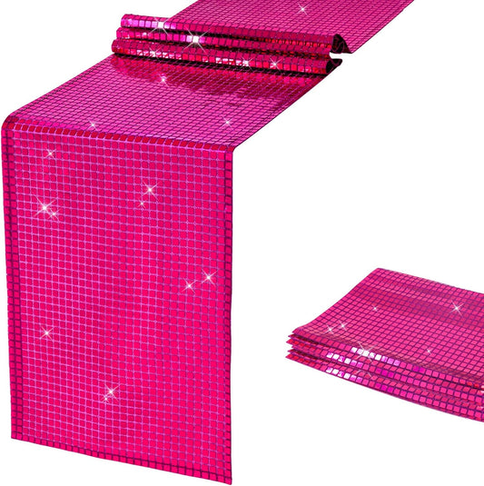 SquarePie Disco Table Runner Mirror Glitter Hot Pink Sequin Runner for 70s 80s Disco Dance Bachelorette Party Supplies Table Decorations (12x108 Inches ,2 Pack)