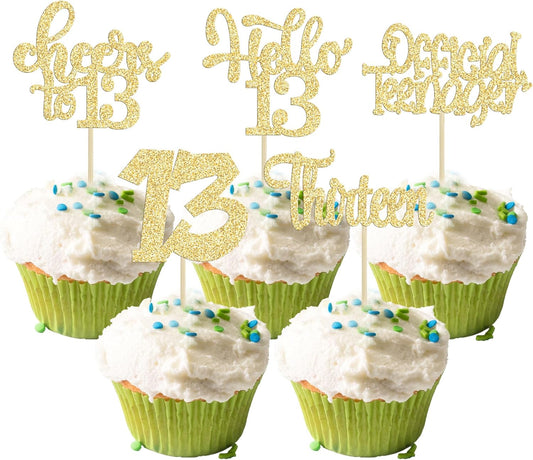 30Pcs 13th Birthday Cupcake Toppers Hello 13 Cupcake Picks Official Teenager Cheers to 13 Years Old Cake Decorations for 13th Birthday Anniversary Party Supplies Gold Glitter