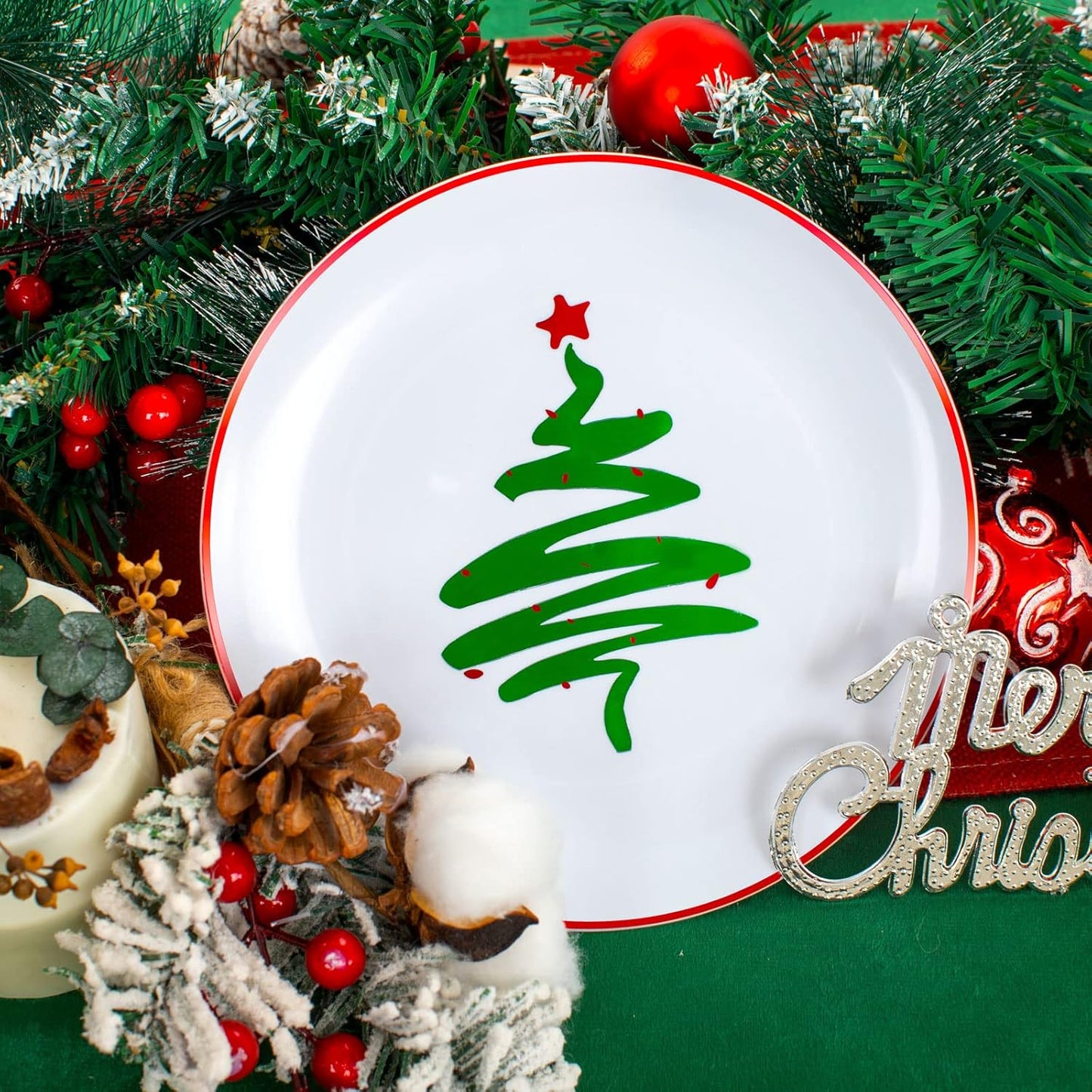 Supernal 350pcs Christmas Plastic Dinnerware Set,Christmas Plastic Plates,Gold Plastic Silverware,Gold Plastic Cups,Plastic Plates with Christmas Tree Design Suit for 50 Guests Perfect for Christmas