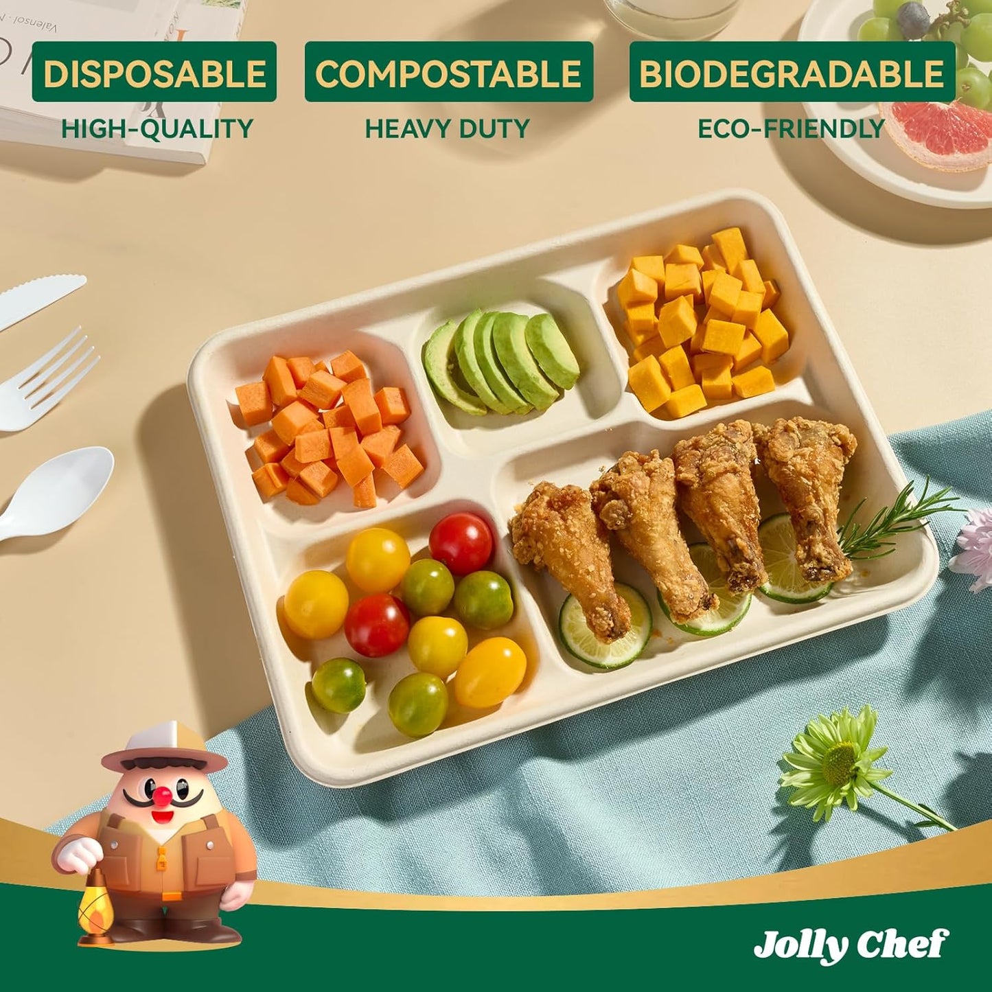 JOLLY CHEF Compostable 𝟱 Compartment Paper Plates 𝟭𝟭 * 𝟴 𝗶𝗻𝗰𝗵 [𝟱𝟬𝟬 𝗣𝗮𝗰𝗸] Heavy Duty Natural Divided Disposable Eco-Friendly Biodegradable Containers Food Trays for Dinner Lunch Buffet
