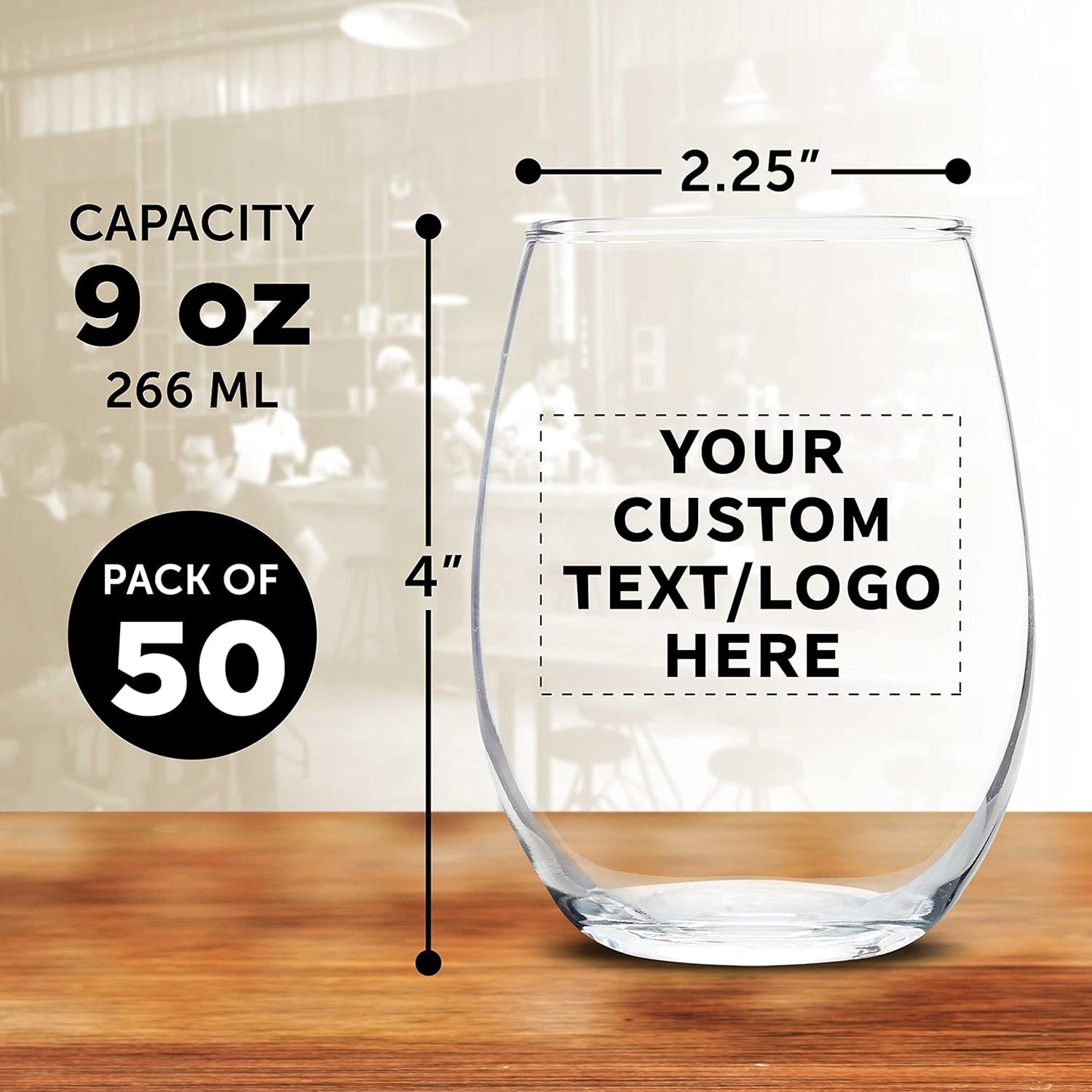 Custom Stemless Wine Glass 9 oz. Set of 50, Personalized Bulk Pack - Great for Wedding Favors, Bachelorette Party Decorations, Party Favors, Color Bottom - Clear