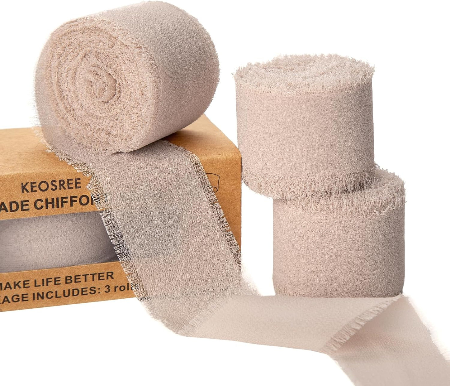 3 Rolls Light Nude Handmade Chiffon Ribbon,1.5" x 21Yd Light Khaki Frayed Fringe Silk Ribbons (3 Rolls *7Yd) for Gifts Wrapping, Wedding Invitations, Bridal Bouquets, Decorations
