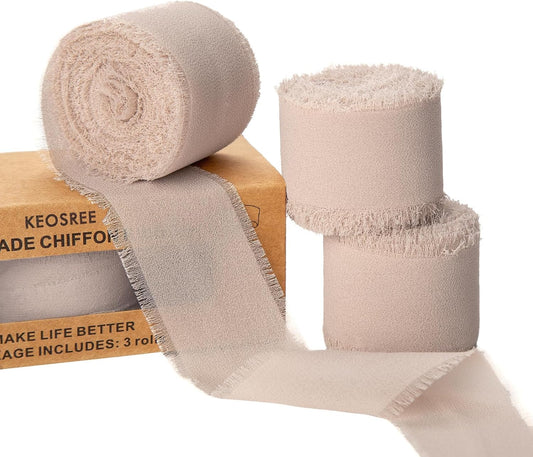 3 Rolls Light Nude Handmade Chiffon Ribbon,1.5" x 21Yd Light Khaki Frayed Fringe Silk Ribbons (3 Rolls *7Yd) for Gifts Wrapping, Wedding Invitations, Bridal Bouquets, Decorations