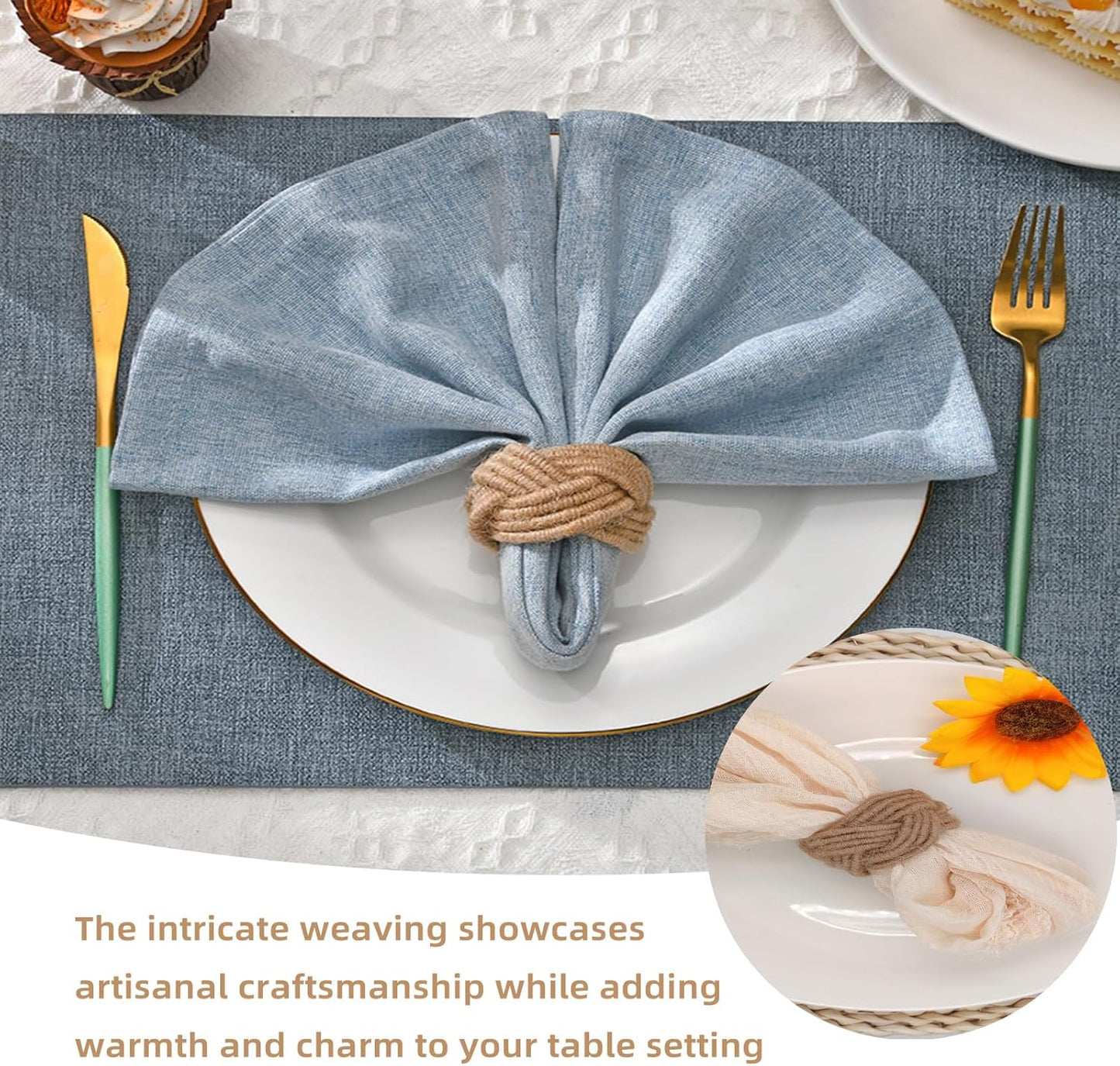 Woven Napkin Rings Set of 12, Farmhouse Burlap Cotton Yute Napkin Rings for Holiday Dinner Birthday Wedding Thanksgiving Christmas Banquet Party Decoration of Table Setting Decor(Yute 12)