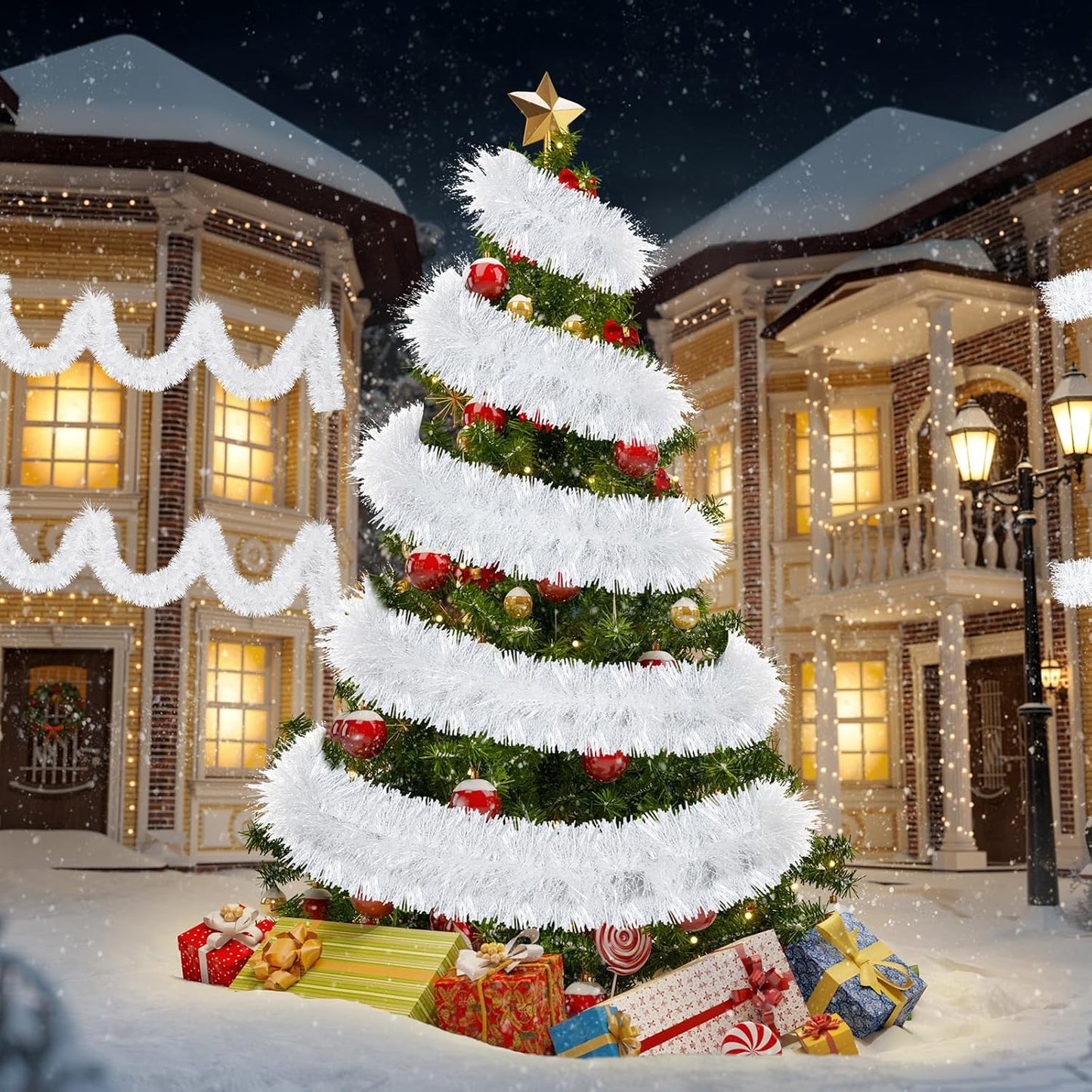 72 Feet Christmas Tinsel Garland Shiny Metallic Tinsel Twist Garland Streamers Ornaments Long Glitter Christmas Tree Hanging Decorations for Party Holiday Wedding Birthday Tree Wall Rail (Snowy White)