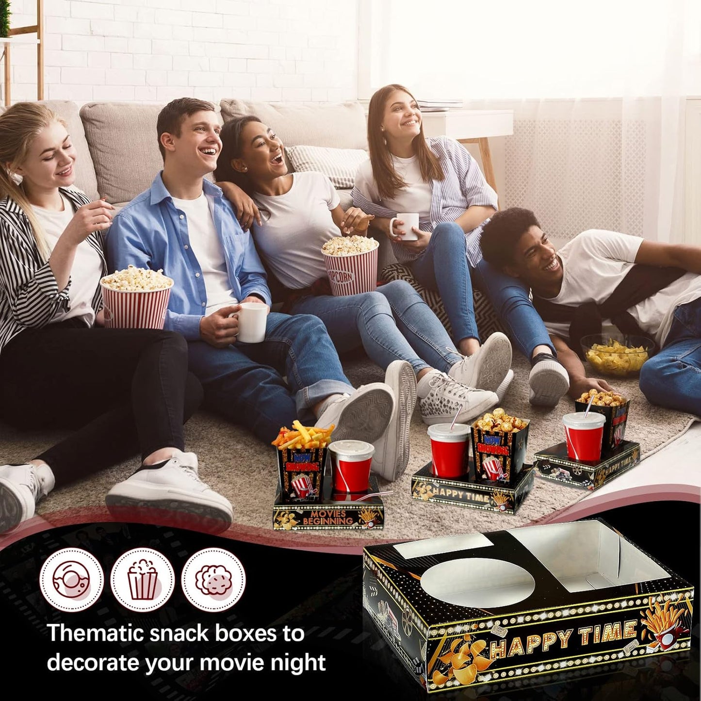 Faccito 36 Pcs Movie Night Snack Trays Movie Theater Snack Boxes Night Supply Disposable Paper Holder Tray for Popcorn Food Candy Drink Party 8 x 6 Inch(Black Gold,Cute Style)