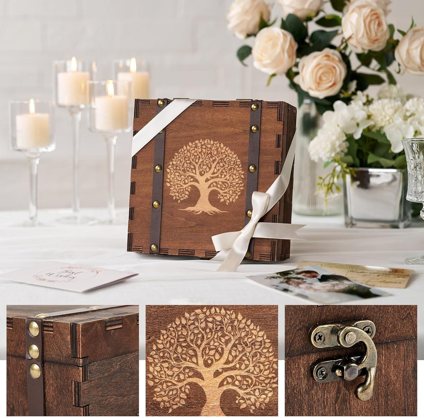 AW BRIDAL Wedding Keepsake Box with Tree of Life Engraved, Wood Decorative and Storage Boxes, Bridal Shower Gifts for Bride, Engagement Gifts for Couples Newly Engaged, Anniversary Marriage Presents