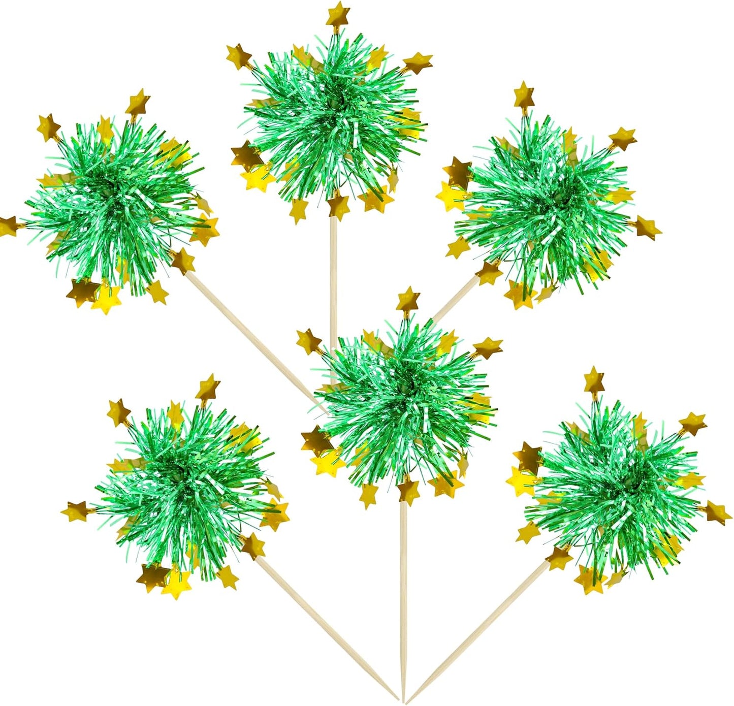 Ephlyn 30Pcs Foil Firework Cupcake Toppers Happy Birthday Cake Toppers Tinsel Flower Drink Stirrers Cocktail Food Fruit Toothpicks for Valentine's Day Party Decorations Green