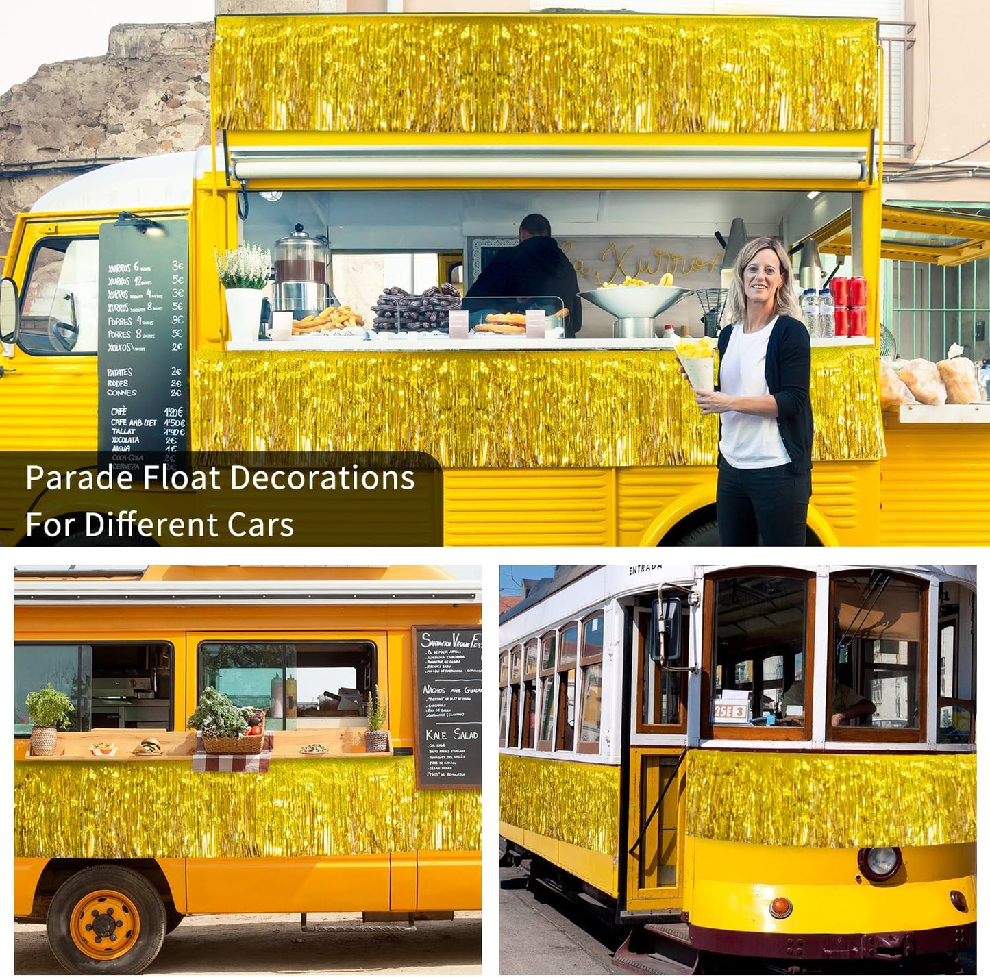 Laser Gold Christmas Decorations Tinsel Garland Parade Float Decorations for Trailer 4Pack 12FT Christmas Party Decor Ceiling Fringe Banner Gold Backdrop for Streamers Party Decorations