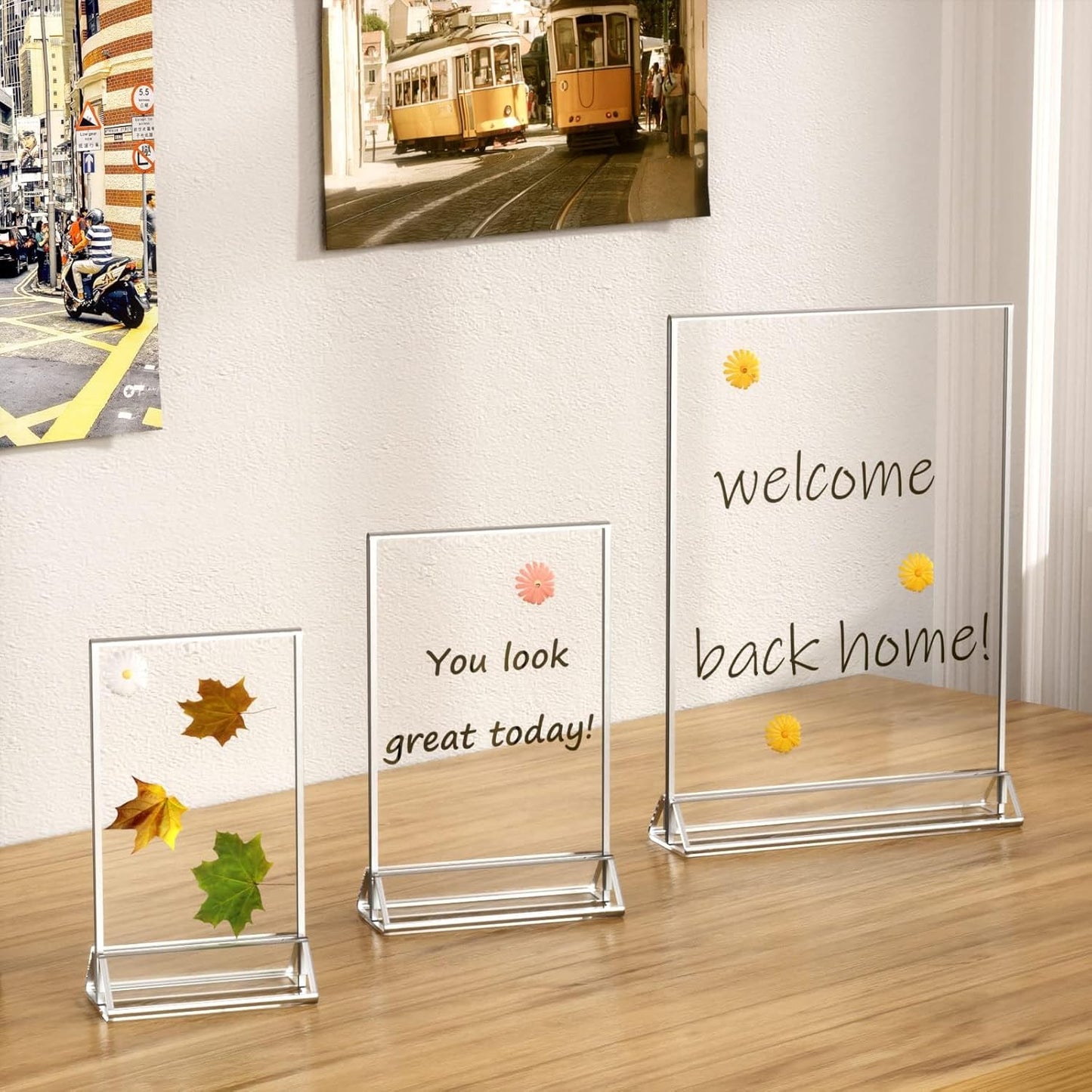 NIUBEE 6Pack 8.5x11 Clear Acrylic Sign Holder with Sliver Borders and Vertical Stand, Double Sided Table Menu Holders Picture Frames for Wedding Table Numbers, Photos
