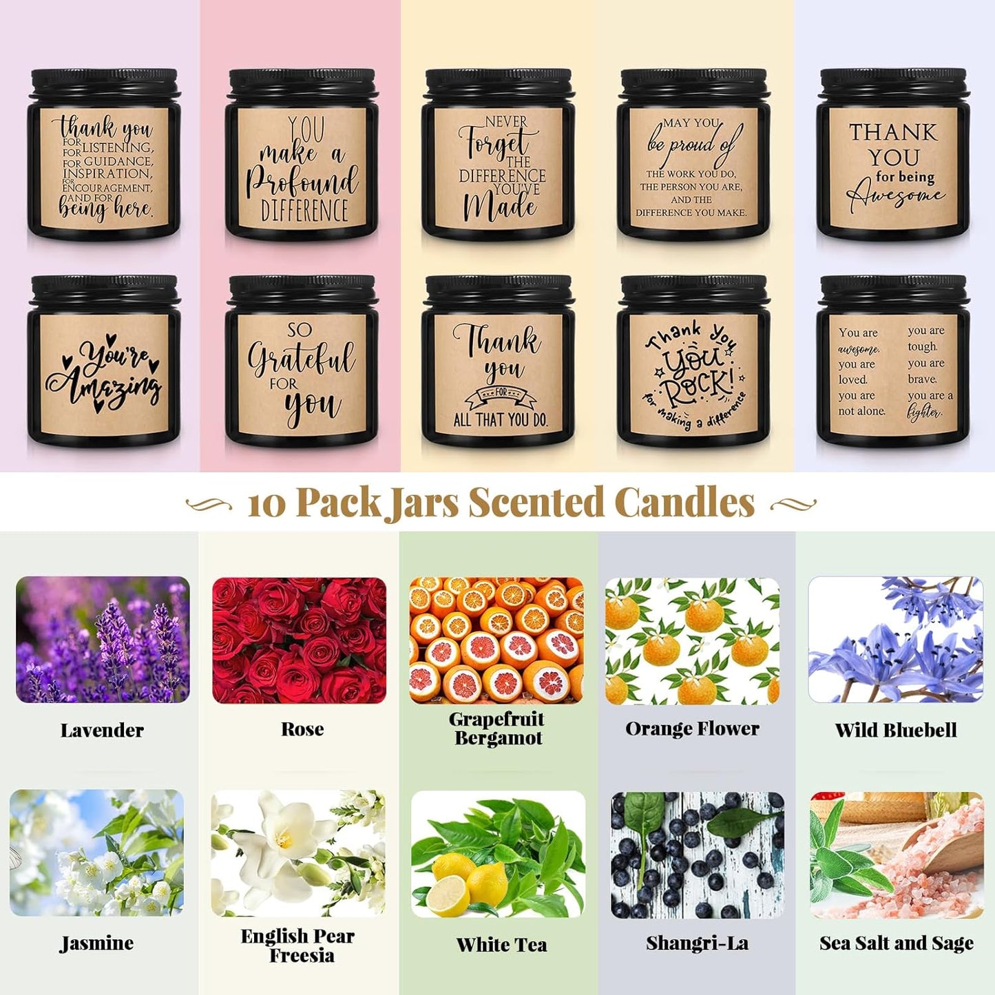 Roowest 10 Jars Thank You Gift Candles 3.5 oz Employee Appreciation Gifts Bulk Soy Wax Jar Inspirational Candle Thank You for Coworkers Employee Women Secretaries Teacher Volunteers(Classic)