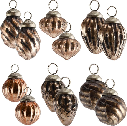 AuldHome Mercury Glass Finial Ornaments (Set of 12, Copper, Small); Distressed Metal Antique Style Christmas Tree Decorations; 1.3 to 2-Inch Size