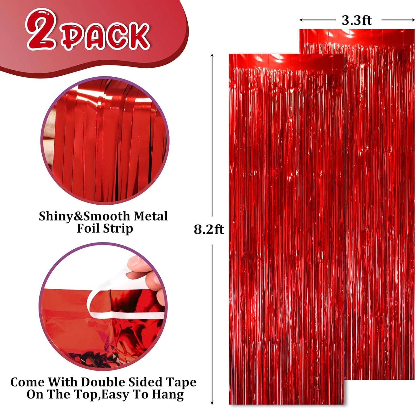 2 Pack Red Tinsel Foil Fringe Curtains, Red Party Decorations, Metallic Tinsel Party Streamers Backdrop for Birthday Red Carpet Christmas Graduation Carnival Valentine's Party Decorations