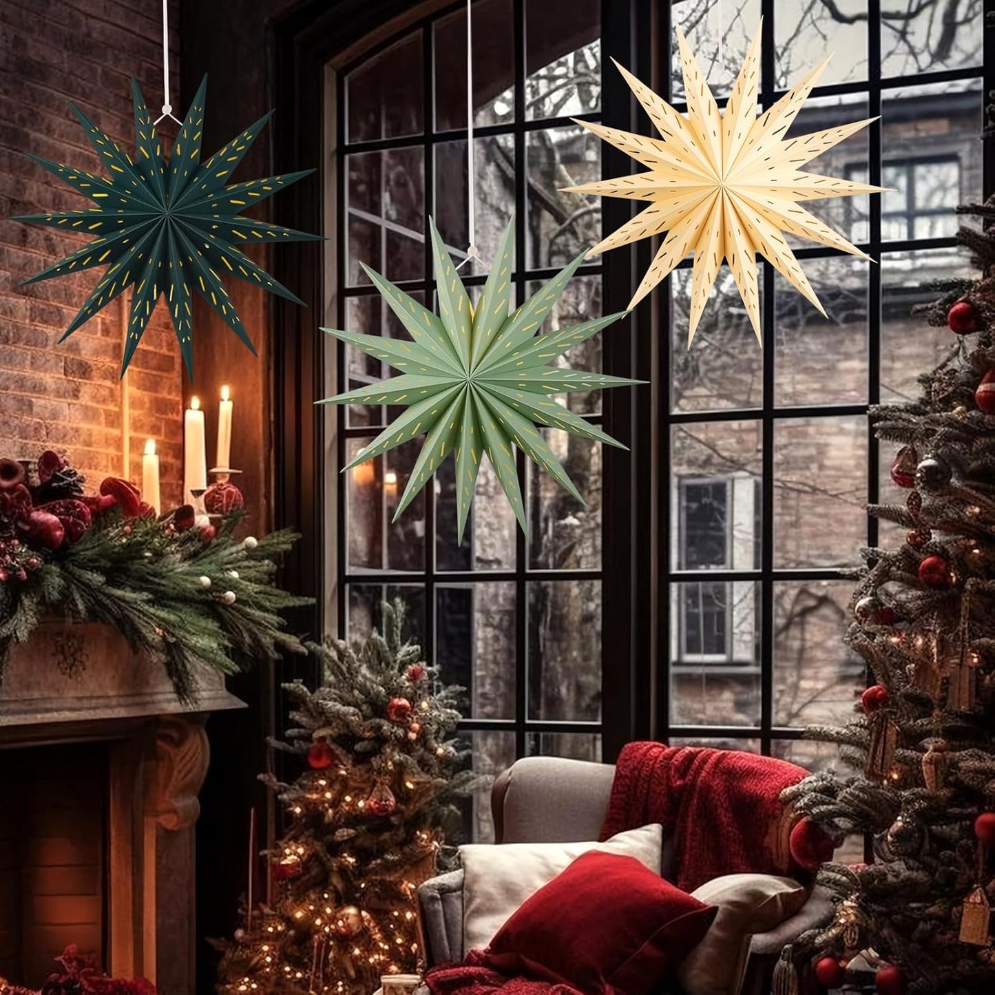 3Pcs 14-Pointed 18 Inch Paper Star Decorations Christmas Party Decorations Sage Green Yellow Hanging Star Decoration Hanging Lamp Shade for Christmas Home New Year Party