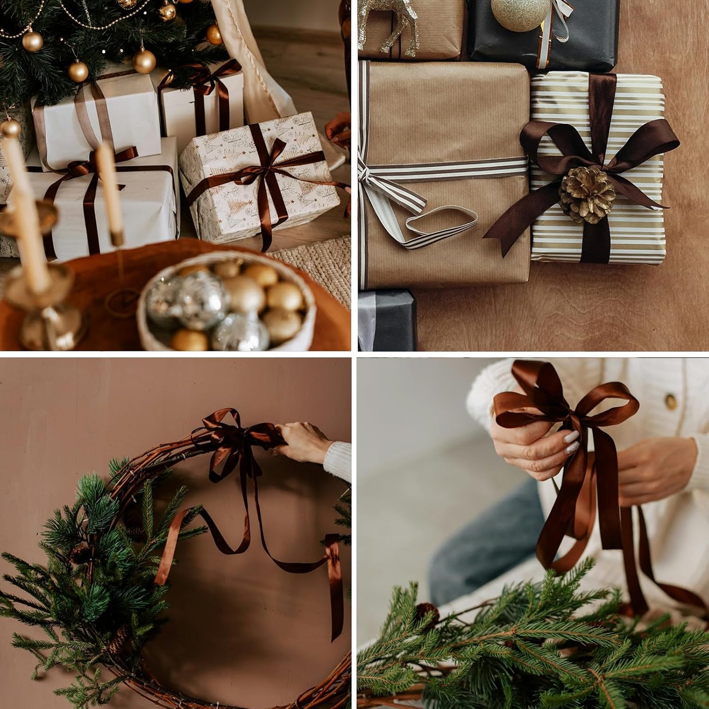 5/8 Inch Brown Satin Ribbon 50 Yards Solid Fabric Ribbons for Gift Wrapping, Crafts and DIY Projects, Bows Making, Wedding, Party, Holiday Decor