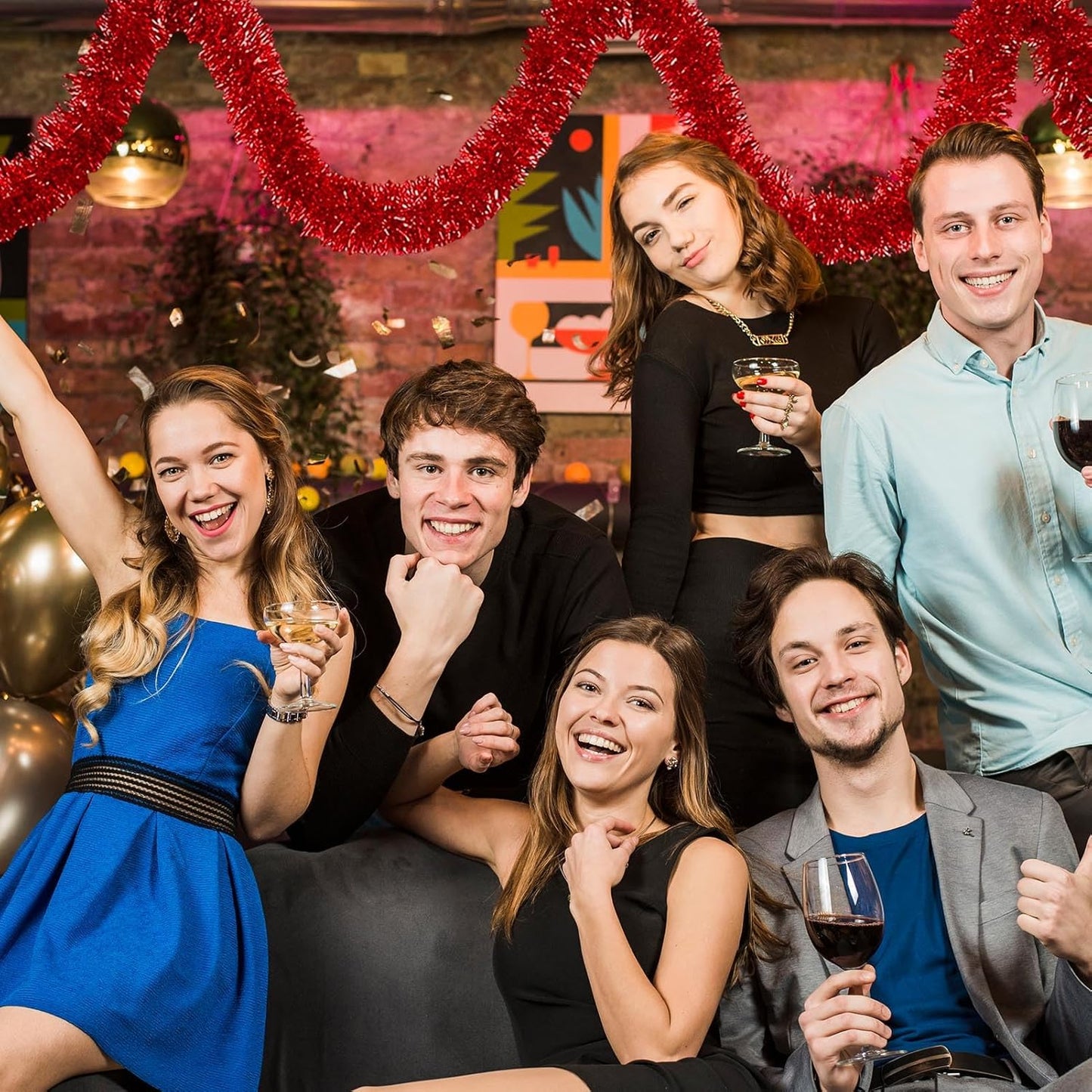 25 Feet Red Christmas Tinsel Garland, Metallic Foil Twist Banner Wall Hanging Tinsel Streamers Backdrop for Parade Floats, Christmas, Mother's Day, Birthday Party Decorations(4in x 25ft)