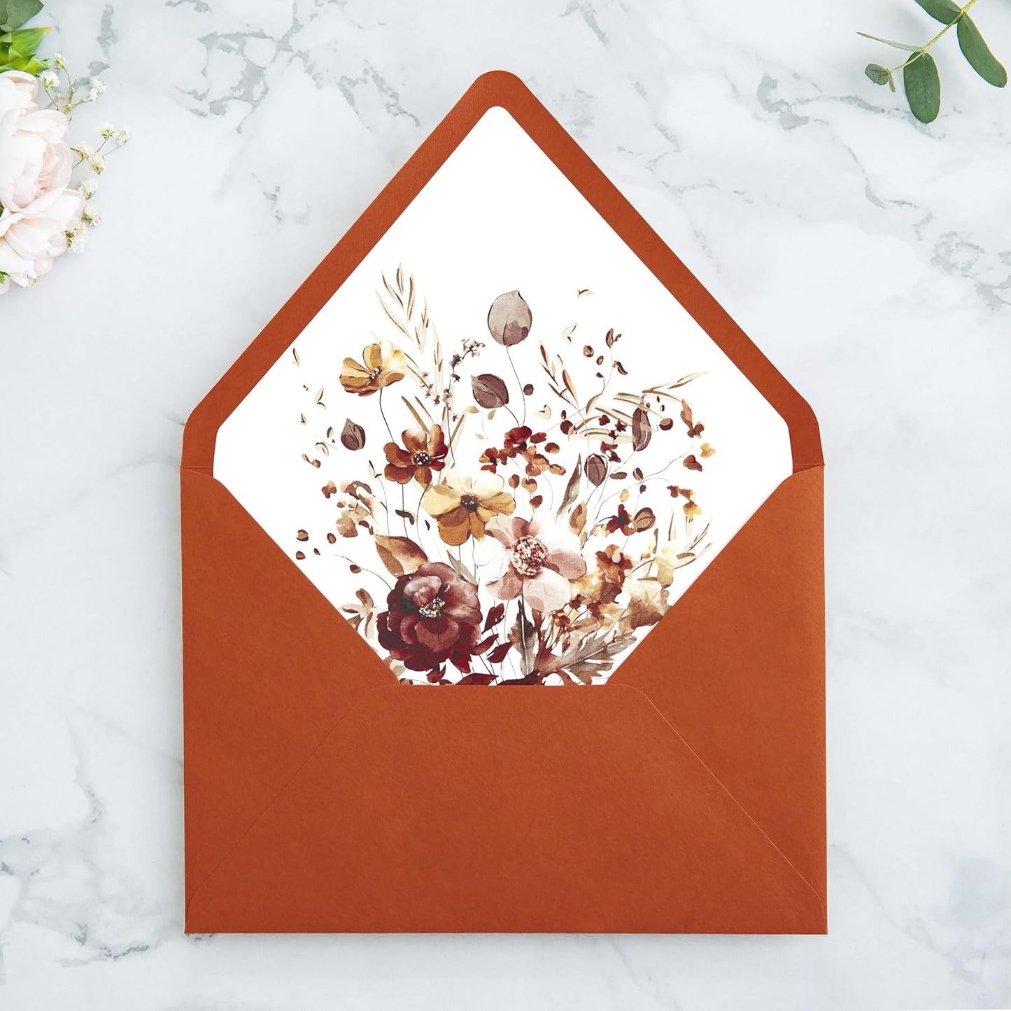 PONATIA 50PCS A7 Euro Flap Envelopes, 5.25 x 7.25'' Burnt Orange Flowers Liner Envelopes for 5x7 Wedding Invitations, Photos, Postcards, Greeting Cards, Christmas Gift Cards, Acrylic Mailing