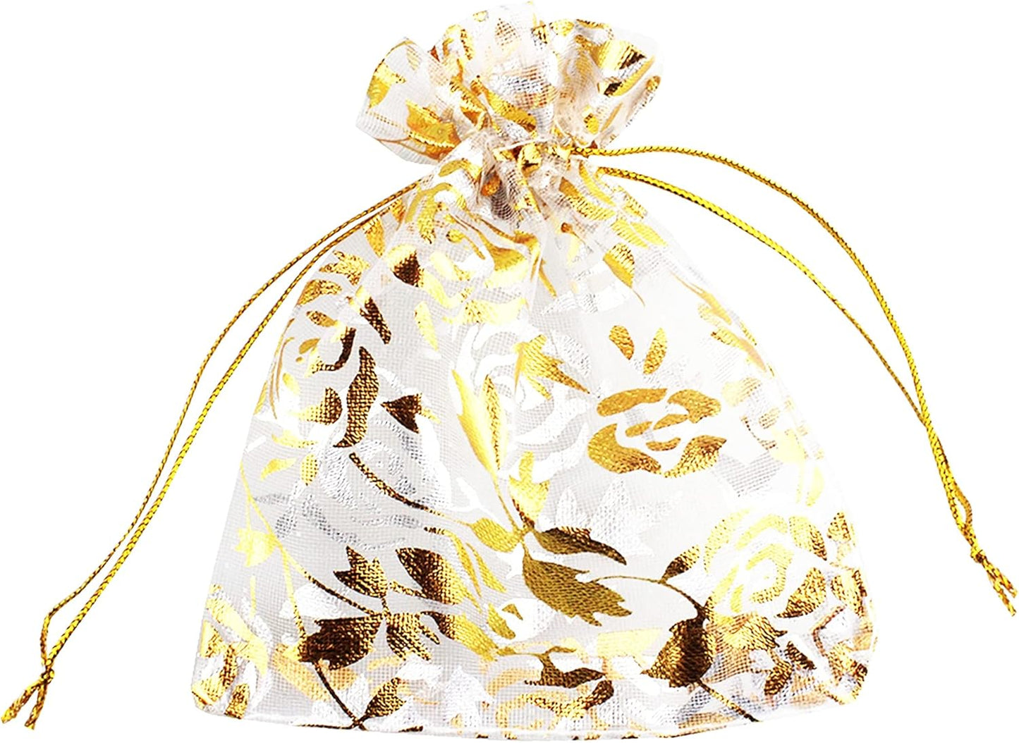 QIANHAILIZZ 100 Pack 2.8 x 3.5 Inch Flower Heart Organza Jewelry Gift Pouch Candy Pouch Drawstring Wedding Favor Bags B511S (white gold flower)
