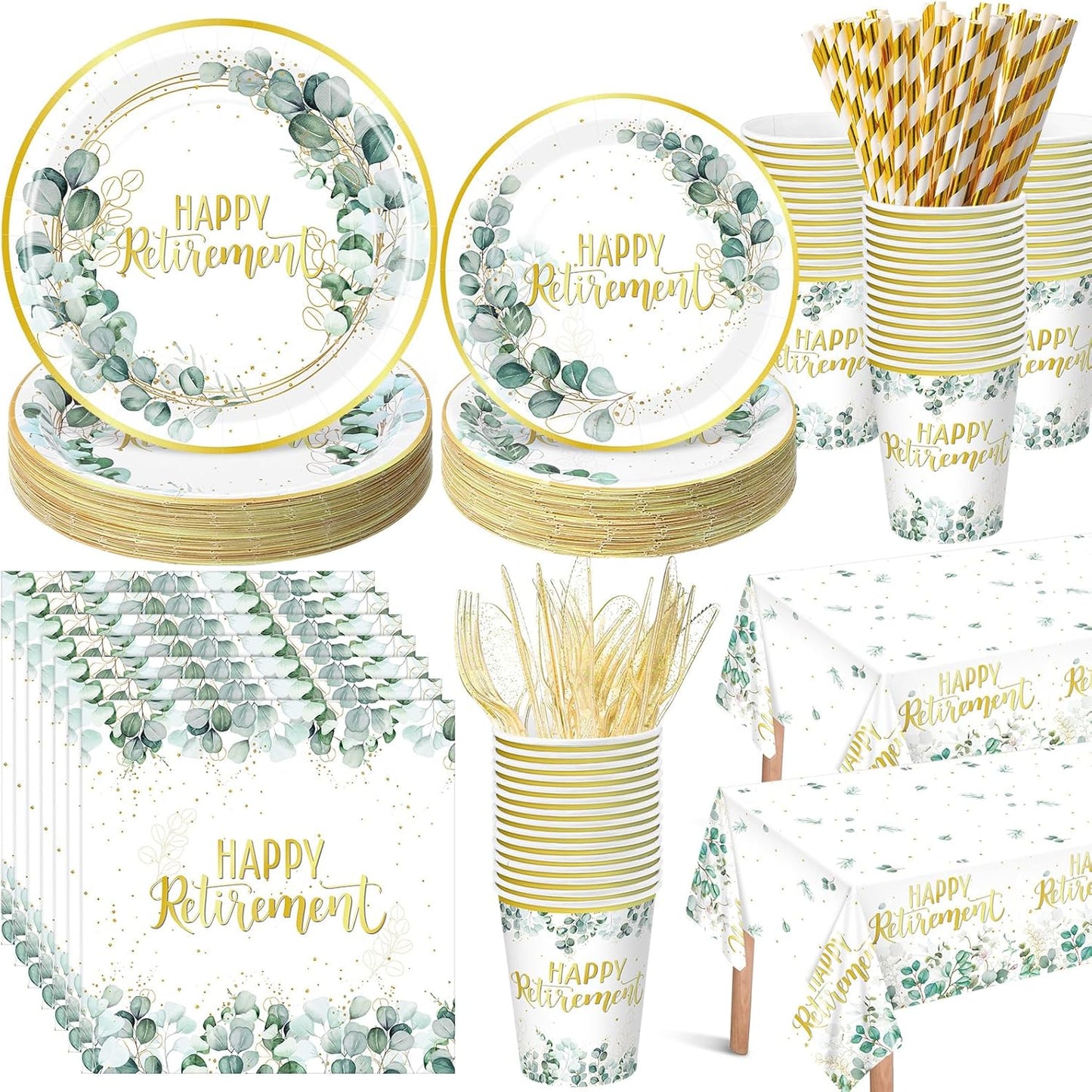 452 Pcs Sage Green Retirement Party Supplies Happy Retirement Paper Plates Napkins Cups Tablecloth Cutlery Straws for Men Women Employee Coworker Teacher Farewell Party Decorations