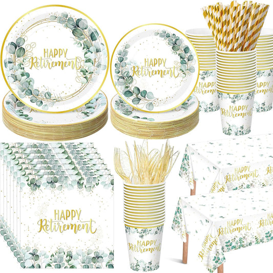 452 Pcs Sage Green Retirement Party Supplies Happy Retirement Paper Plates Napkins Cups Tablecloth Cutlery Straws for Men Women Employee Coworker Teacher Farewell Party Decorations