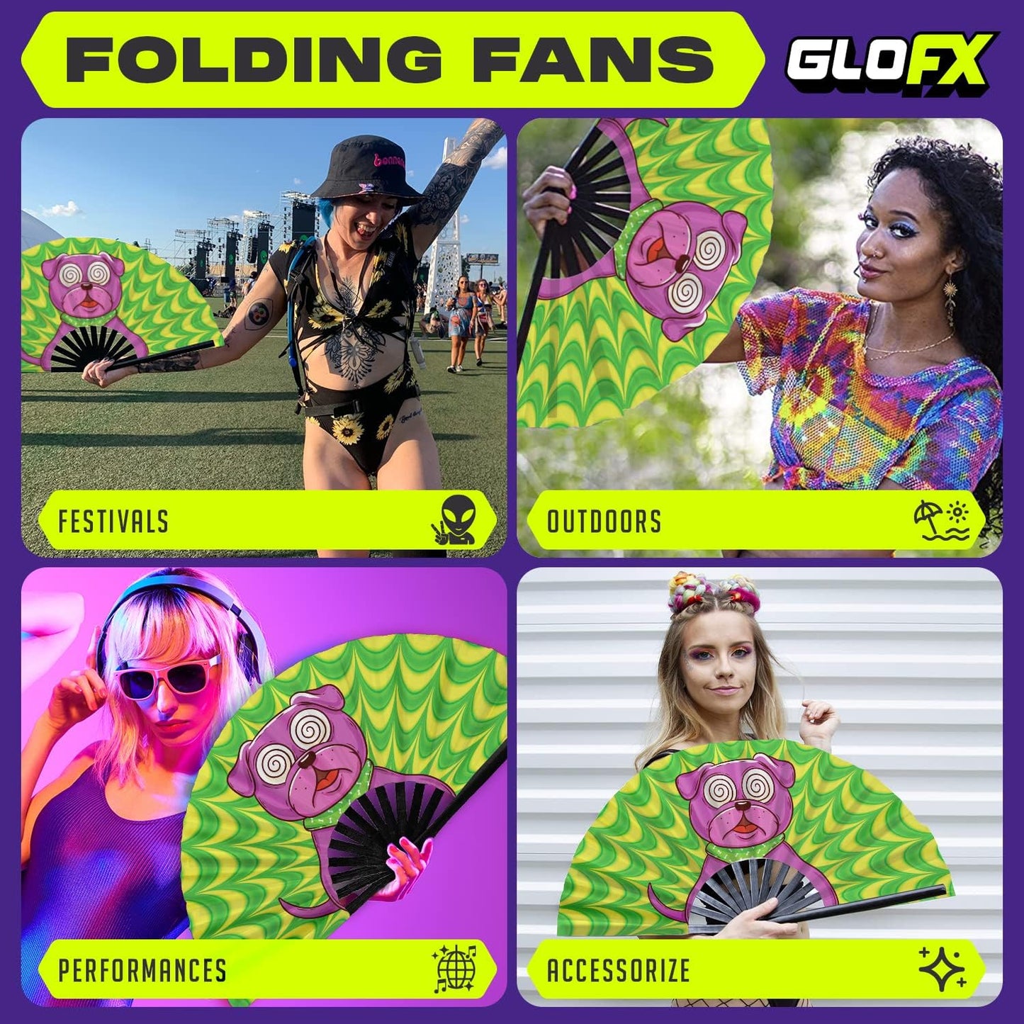 GloFX Rave Trippy Doggy Large Folding Fan - Music Festival Essentials, EDM Rave Accessories