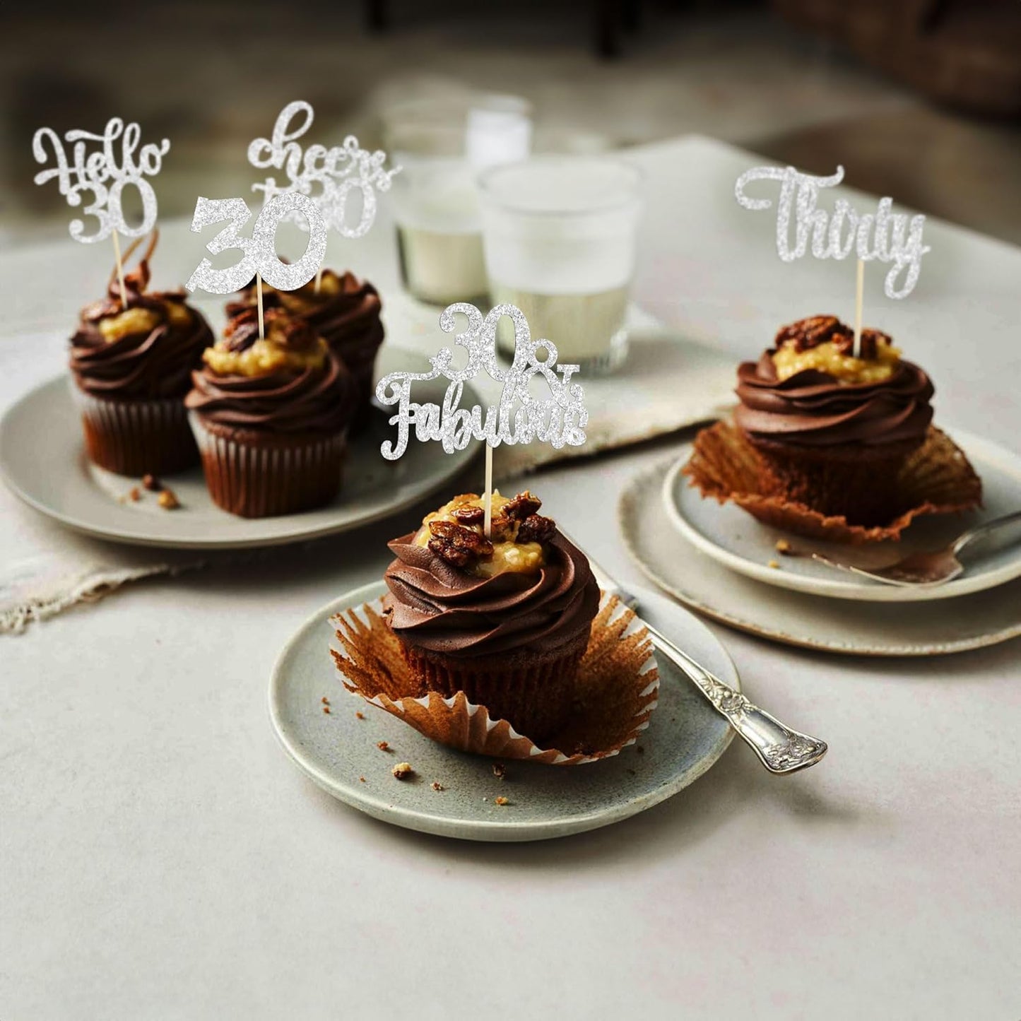 30Pcs Happy 30th Birthday Cupcake Toppers Silver Glitter Thirty Cheers to 30 Birthday Cupcake Picks for Happy 30th Birthday Anniversary Party Cake Decorations Supplies