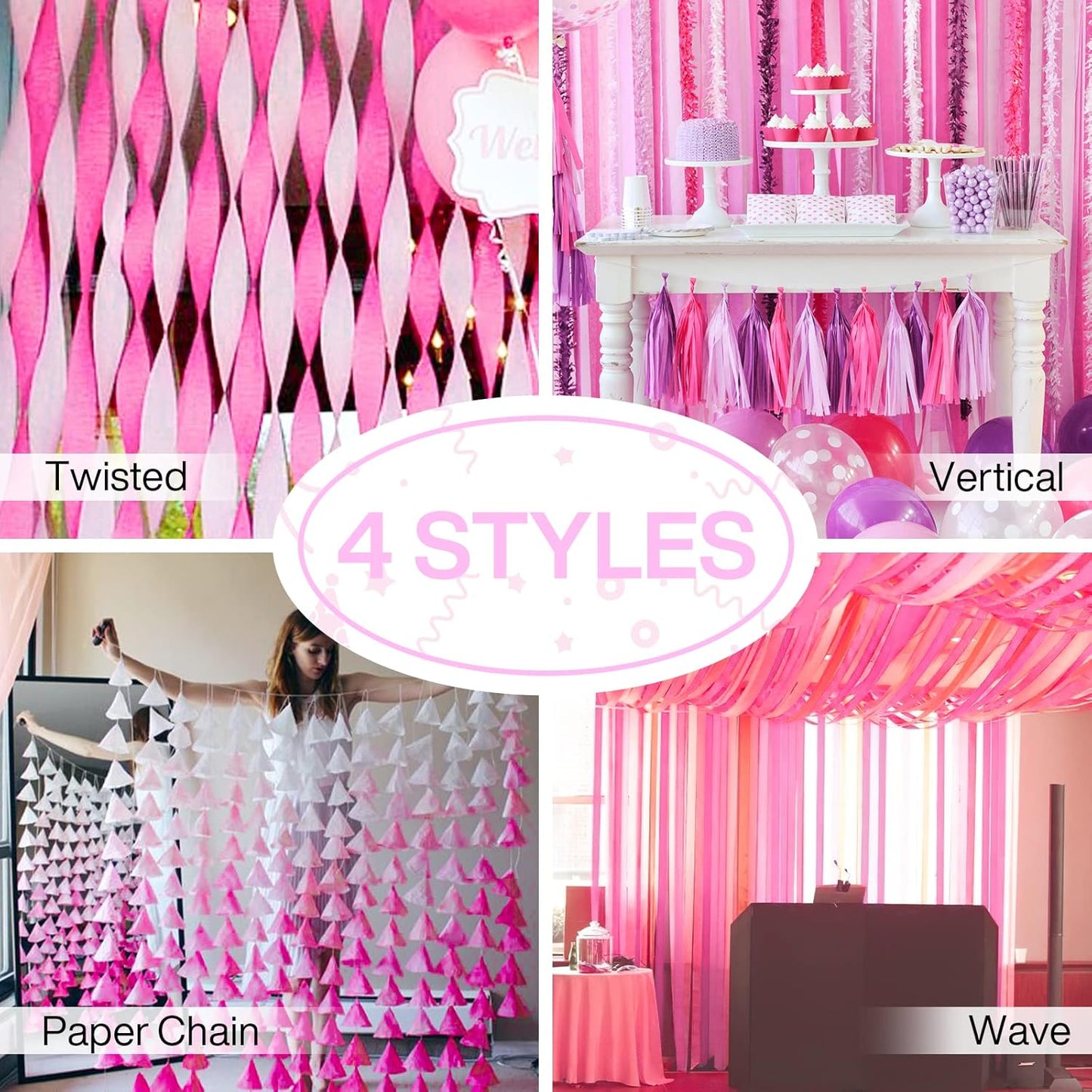 PartyWoo Crepe Paper Streamers 4 Rolls 328ft, Pack of Light Pink Crepe Paper for Party, Wedding, Birthday & Baby Shower Decorations (1.8 Inch x 82 Ft/Roll)