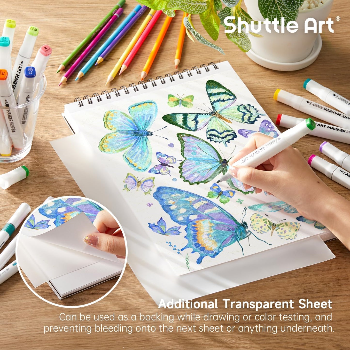 Shuttle Art Marker Pad, 12”x9” Portable Sketchbook, 70 Sheets Marker Drawing Paper, 110LB/180GSM Smooth Surface Bleedproof Art Paper, Spiral-Bound, Great for Artists to Draw, Paint & Sketch