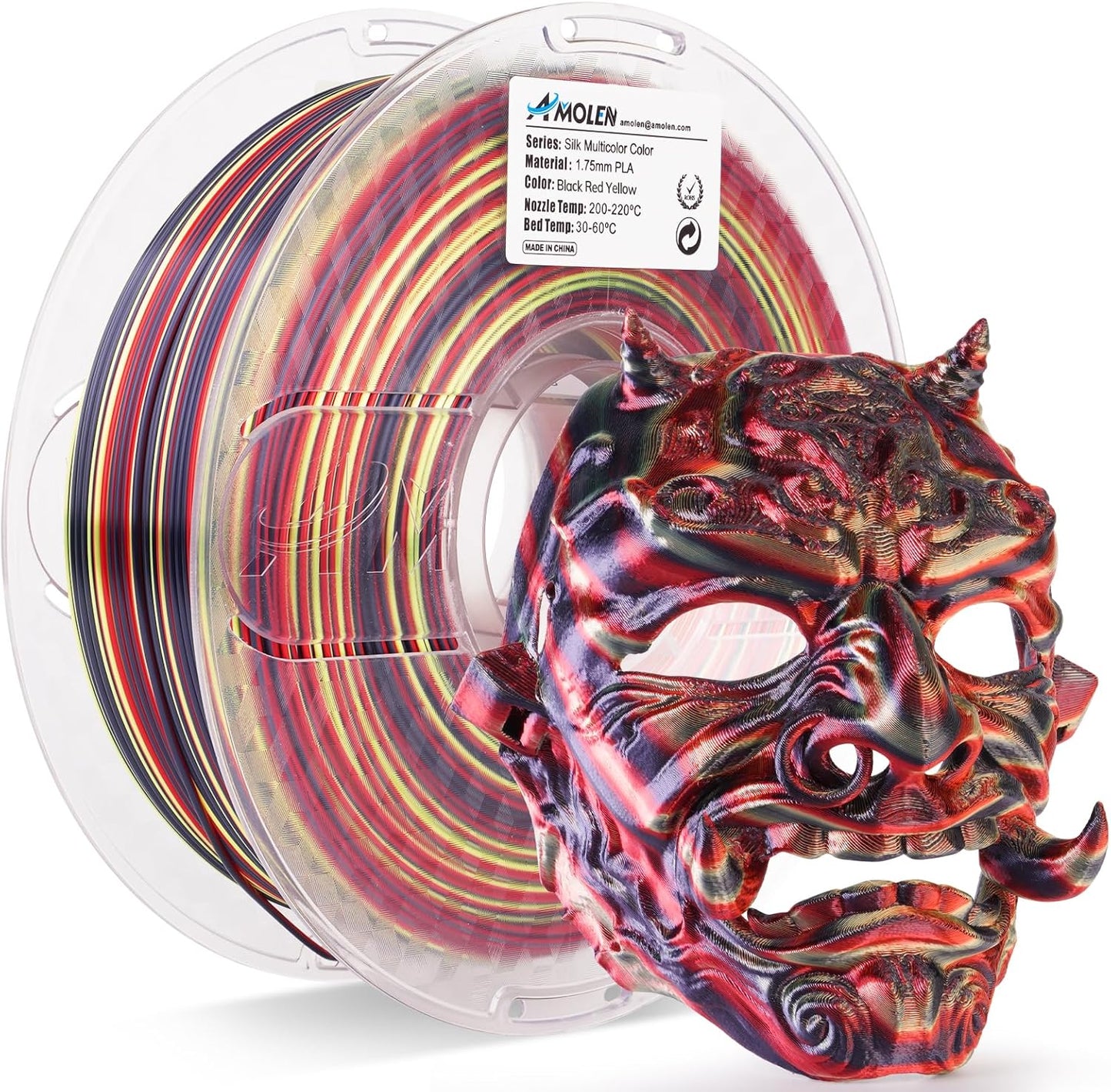 AMOLEN Silk PLA 3D Printer Filament, Shiny Multicolor Rainbow PLA Filament 1.75mm, Fast Color Change PLA 3D Printing Filament for Most FDM 3D Printer, Black Red Yellow, 1kg (2.2lbs)