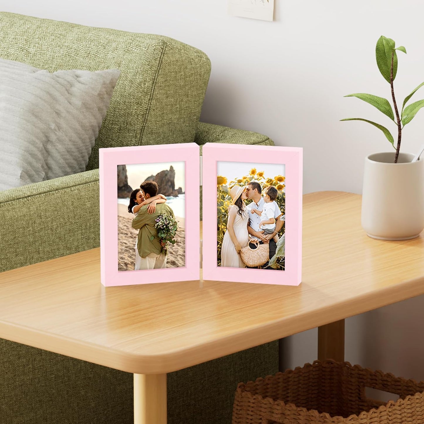 decorUhome Double 4x6 Picture Frame Vertical, Engineered Wood Bifold Photo Frame with Plexiglass for Tabletop Display, 4x6, Pink