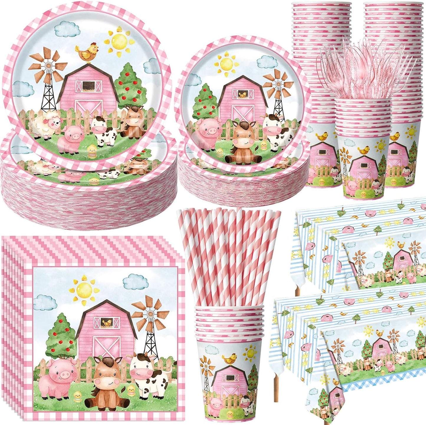 452 Pcs Pink Farm Animal Birthday Decorations for 50, Barnyard Animal Paper Plates Napkins Cups Tablecloth Cutlery Straws Barn Farm Tableware Set for Birthday Baby Shower Party Supplies
