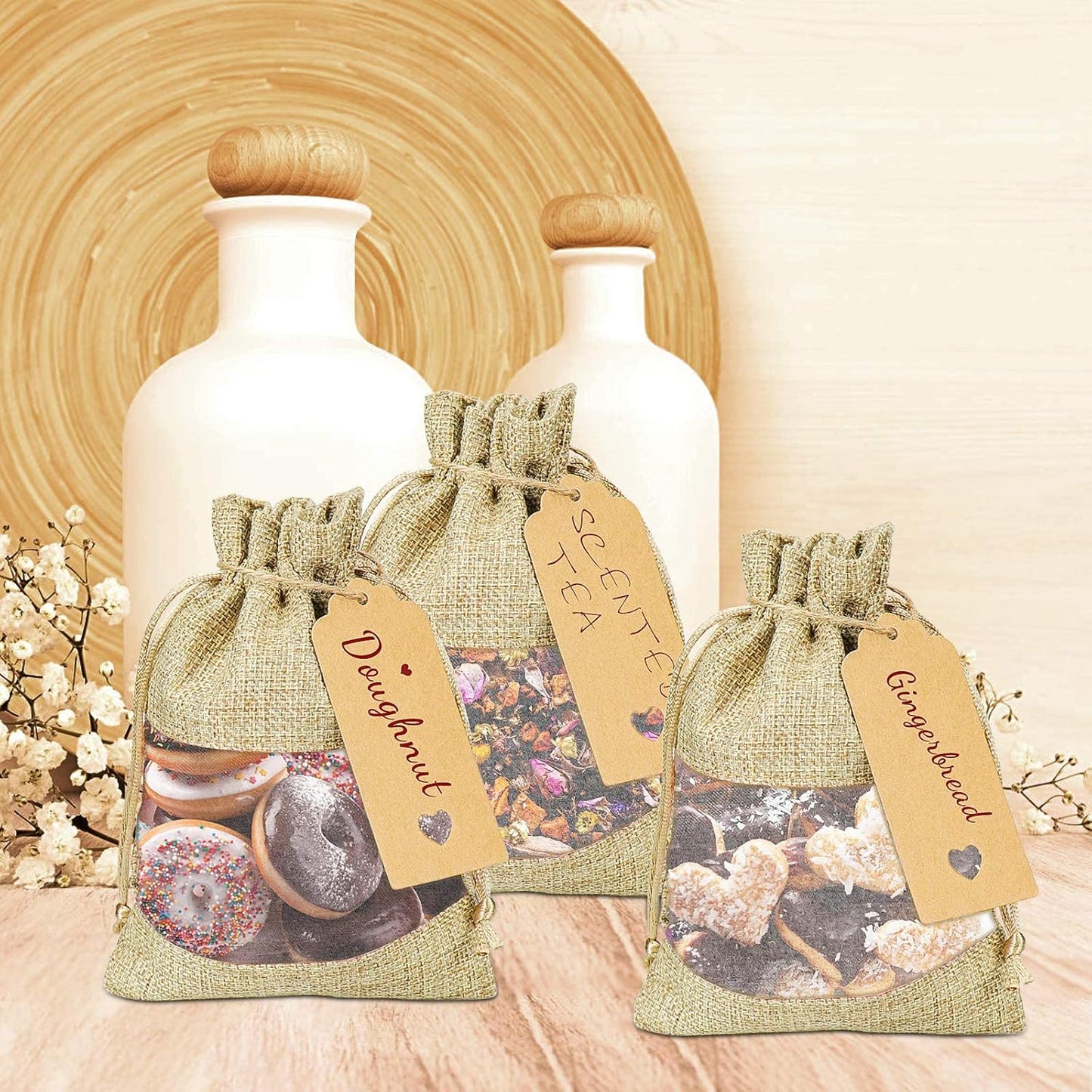 GIOIPC 50Pcs 4 x 6 Inch Linen Burlap Sheer Bags with Drawstring and Bonus Gift Tags for Wedding Birthday Bag,Craft Bags,Cosmetic Samples