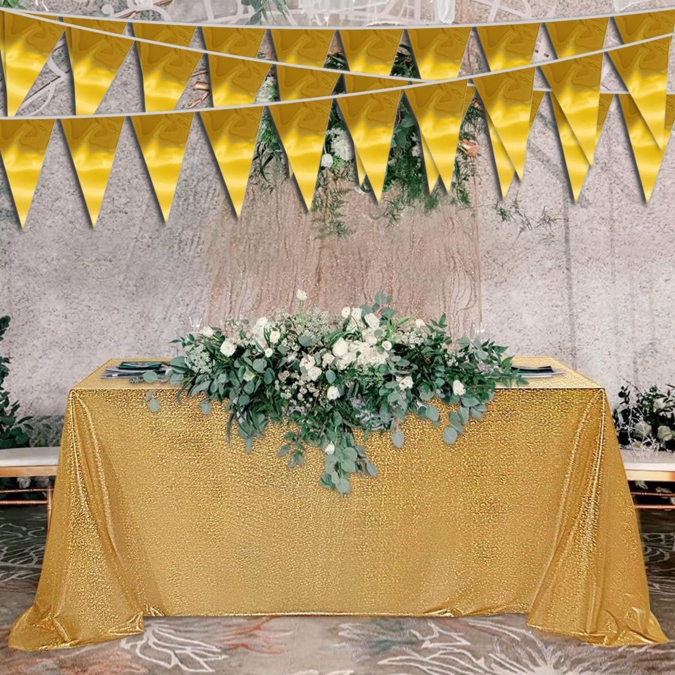 20M/65FT Gold Triangle Pennant Banner Flag Metallic Fabric Bunting Garland for Christmas Graduation Wedding Engagement Anniversary Bachelorette Birthday Bridal Shower Valentines Hen Party Supplies