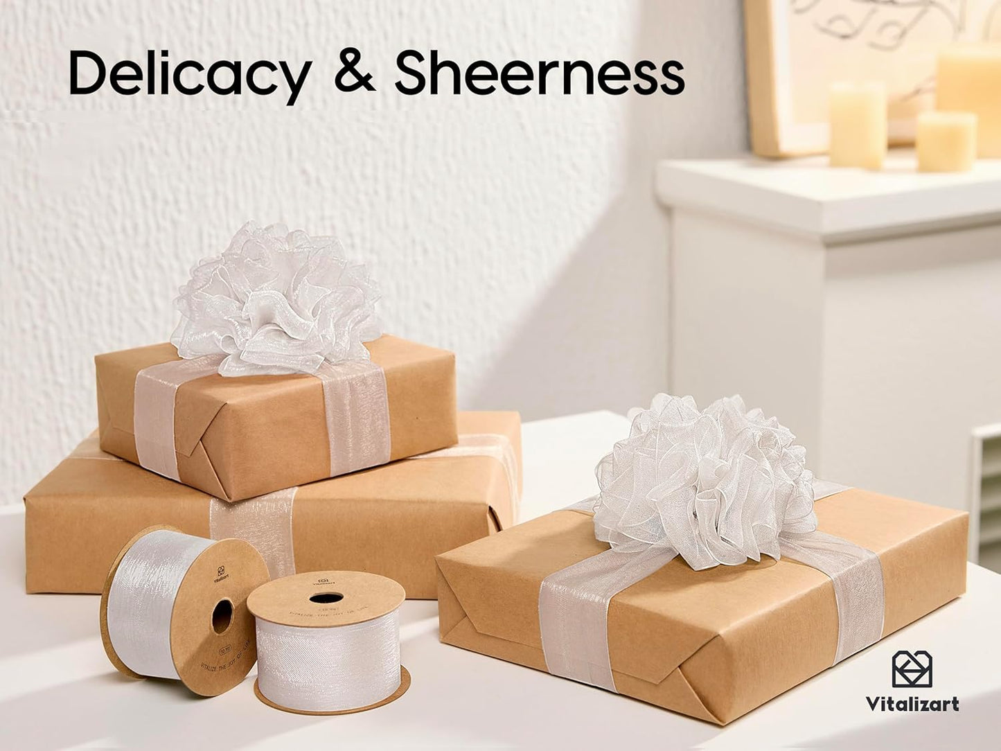 Vitalizart White Organza Ribbon 1.5" x 30 Yd Sheer Ribbons for Gift Wrapping Crafts Christmas Party Decor Bows Wedding Invitations Wreaths Bouquet