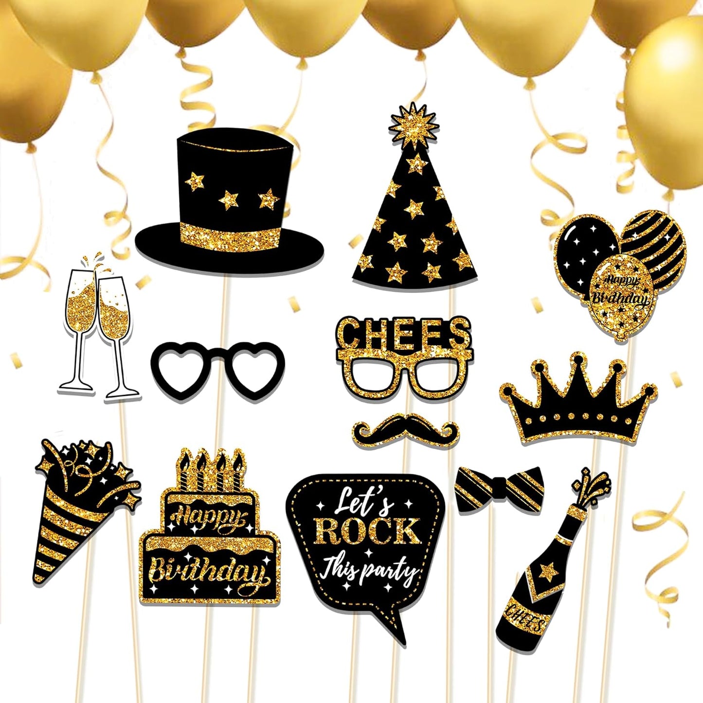 36 PCS Birthday Photo Booth Props Party Supplies Holiday Picture Decorations Photo Booth Props for Birthday Party Favors Pose Sign Kit Fun for Party (Black and Gold)