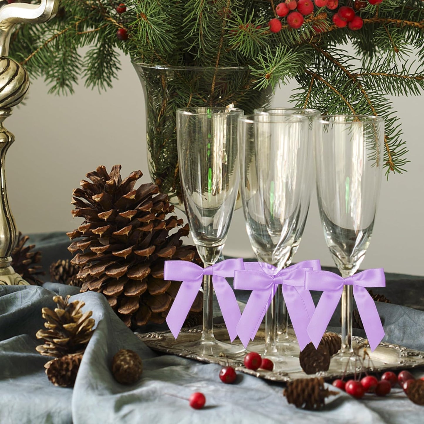 50Pcs Lilac Twist Tie Bows for Gift Wrapping 2.5" Satin Ribbon Bow for Treat Bags Cake Balloons Birthday Party Favors Wedding Decorations